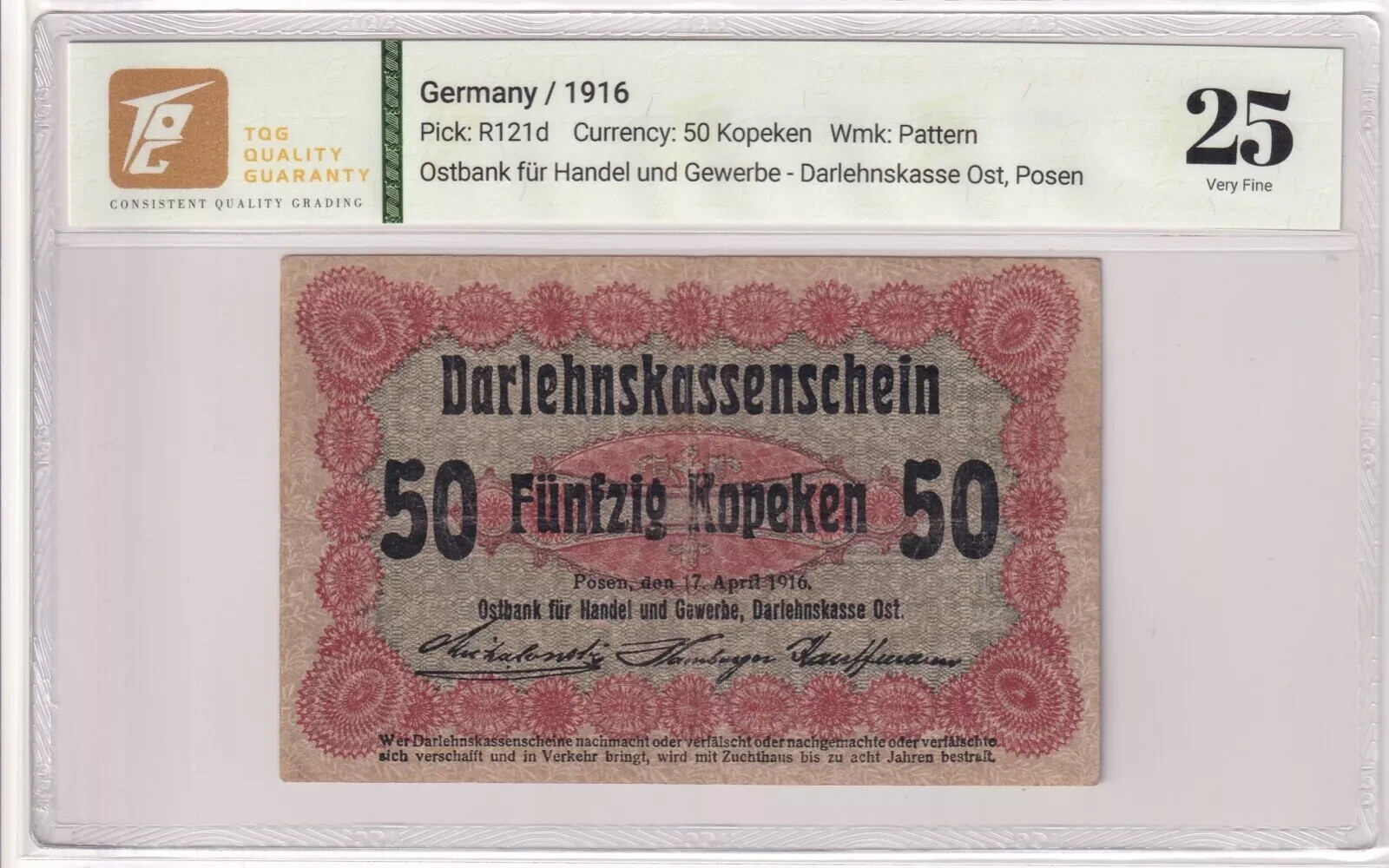 1916 Germany ( Occupation of Lituania WWI) 50 Kopeken Pick#R121d 25 Very Fine