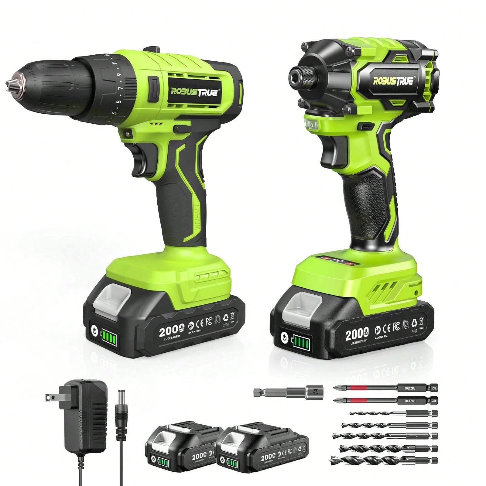 Robustrue 21V Cordless Drill & Impact Driver Combo Tool Set,