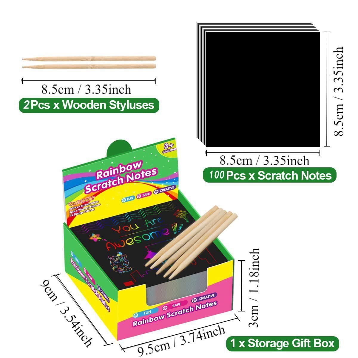 100pcs Scratch Paper Art Set Scratch Off Rainbow Magic Paper with 2 Bamboo Stylu