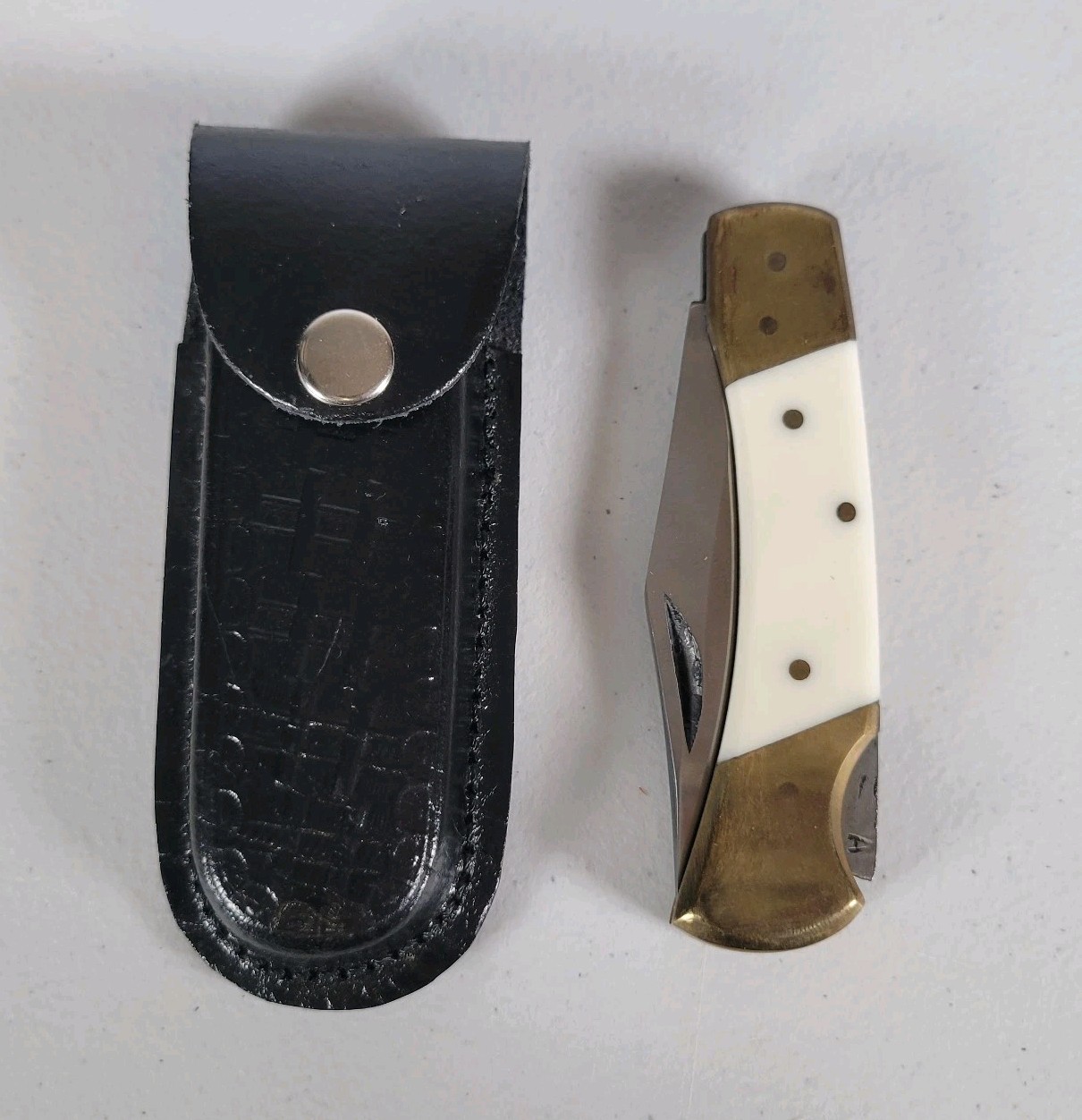 Stainless Pakistan Folding Pocket Knife w/ Leather Sheath White Grips