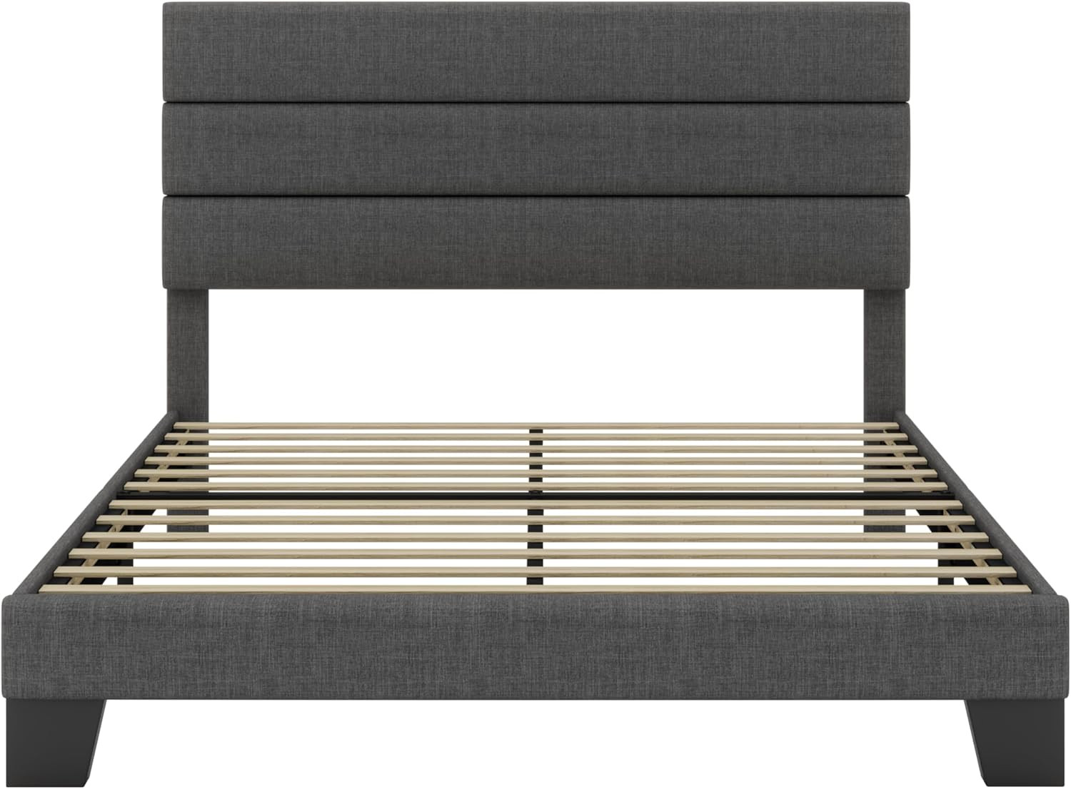 Elegant Grey Queen Platform Bed Frame with Upholstered Headboard & Slats