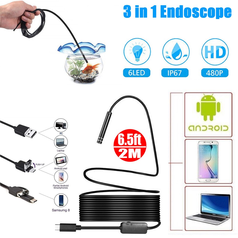 Borescope Endoscope 6 LED Inspection Scope Camera For Android Cell Phone HD 2M
