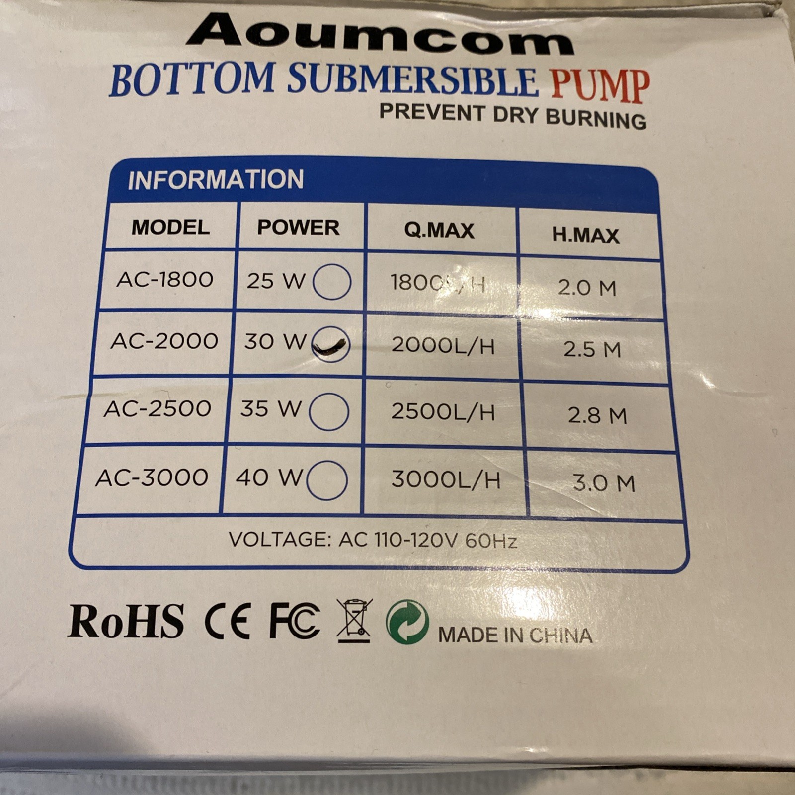 Aoumcom 530 GPH Bottom Submersible Pump - New in box