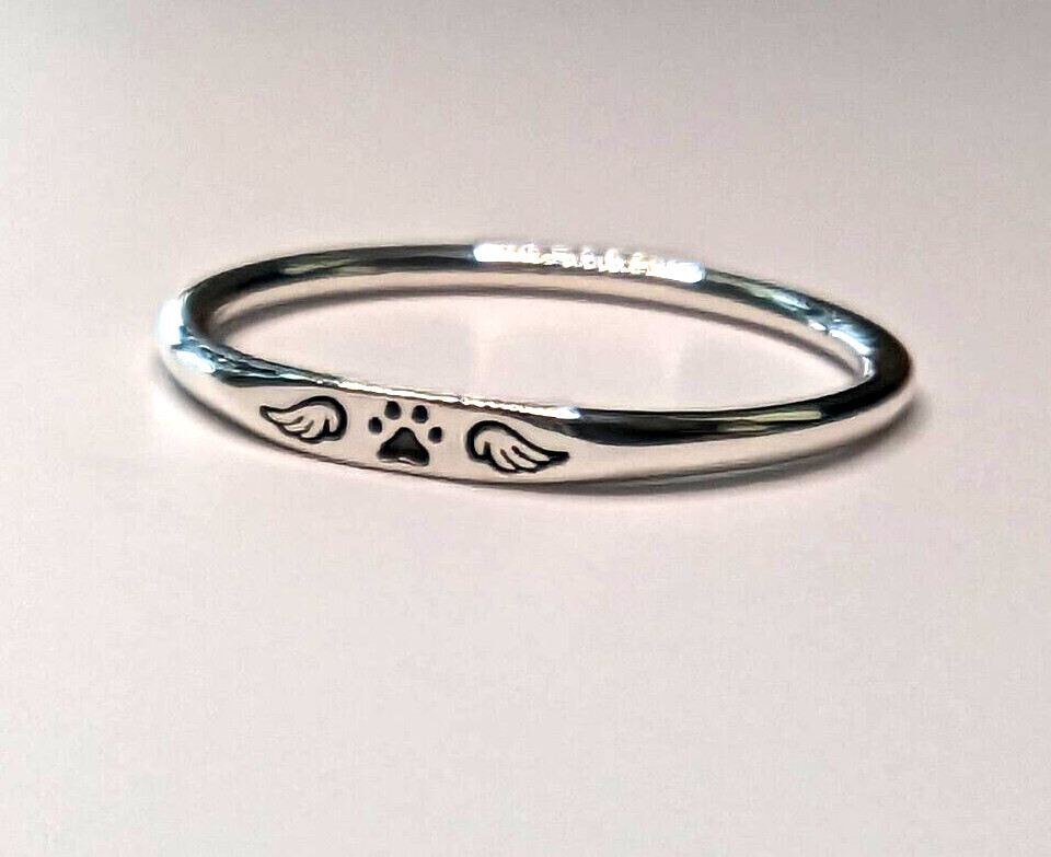 Sterling Silver Puppy Dog Paw Print Angel Wings Pet Ring NEW