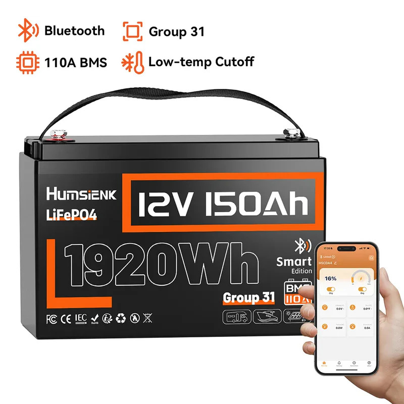 Humsienk 12V 150Ah Group 31 LiFePO4 Battery Low-Temp Bluetooth RV Trolling Motor