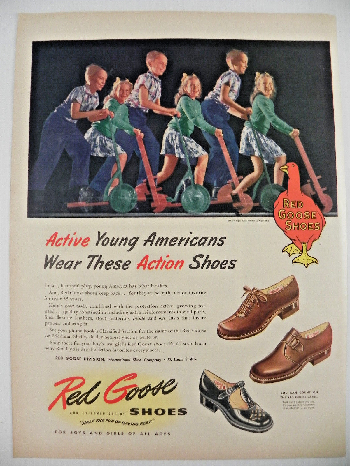 Red Goose Shoes 1946 Print Ad ~ Children Riding Scooters "Action Shoes"