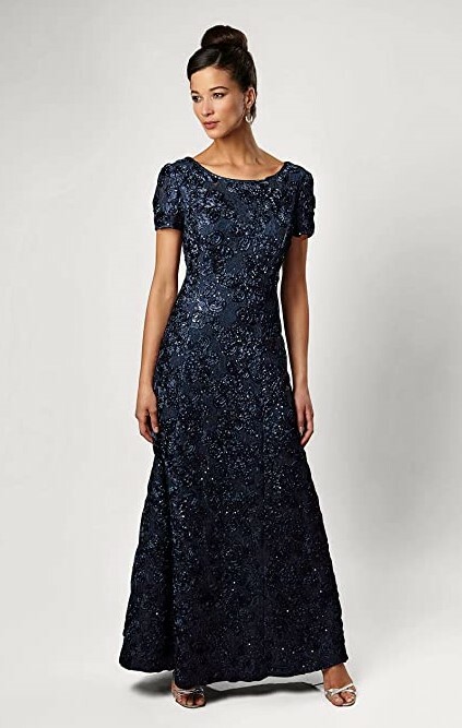 NWT Alex Evenings Short Sleeve Lace Sequin Rosette A-Line Gown Navy Dress Sz 14W