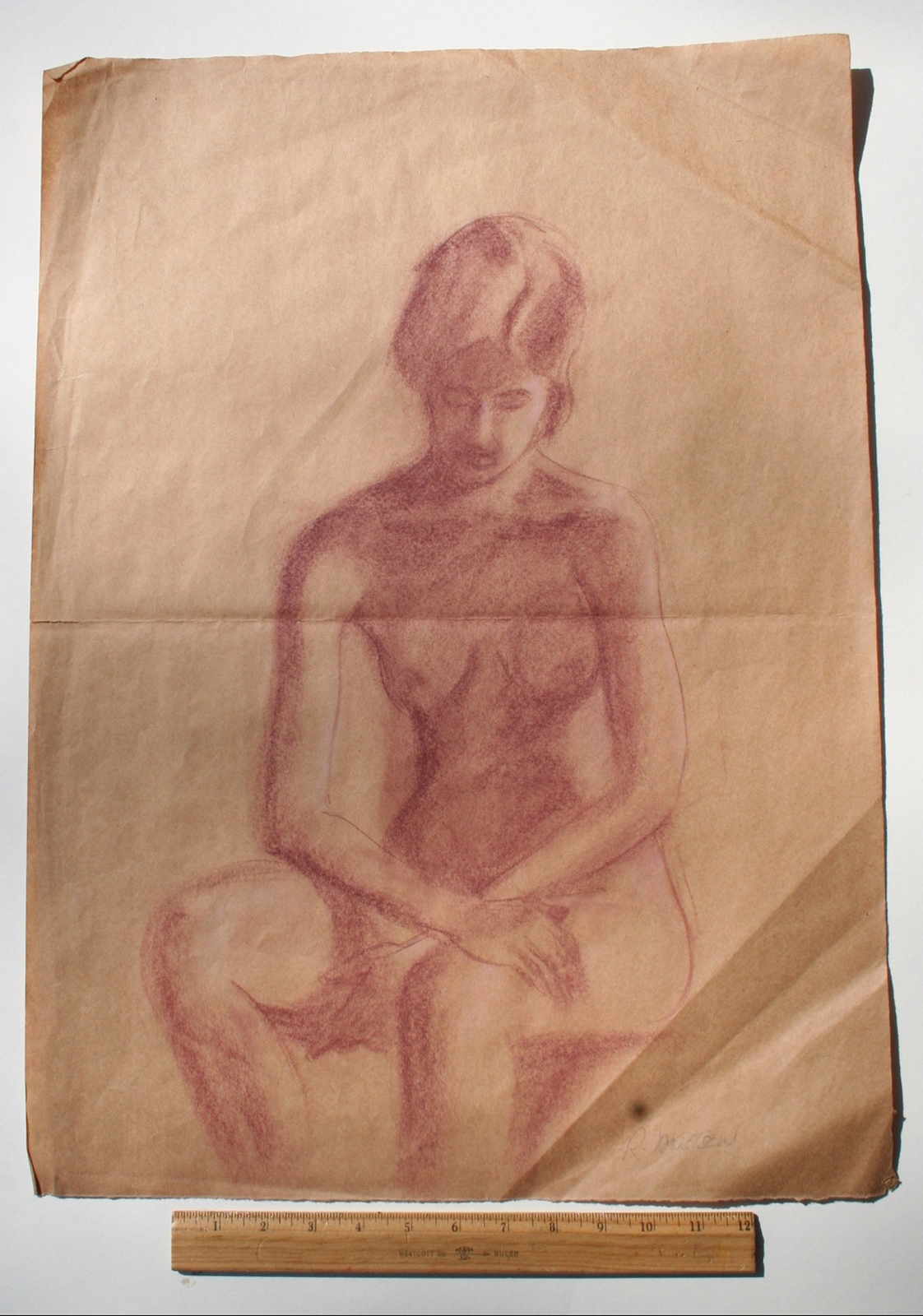 ORIG. STUDIO ART SKETCH RED PASTEL IMAGE OF SEATED WOMAN, ROBERT KARSTEN