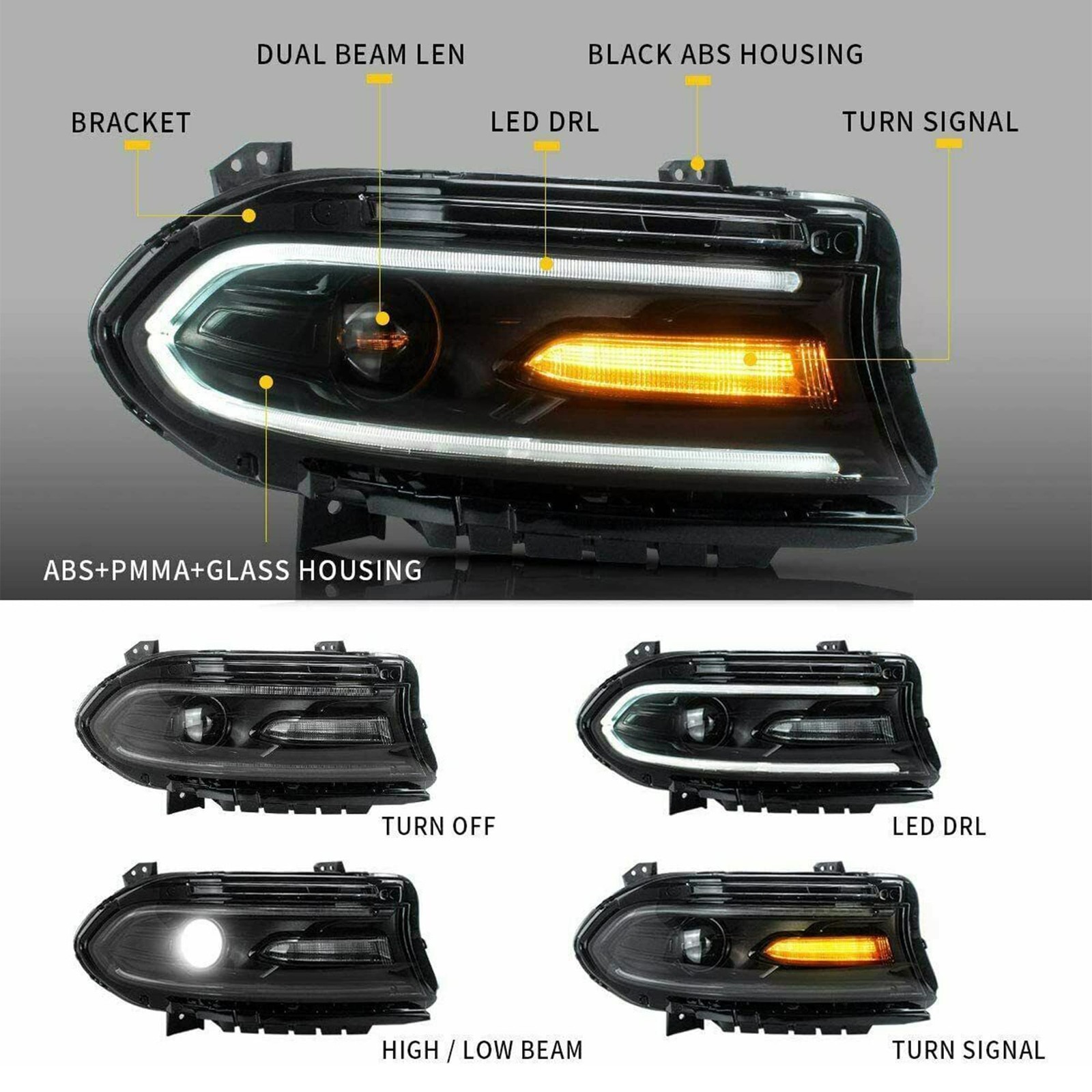 Halogen Headlight with LED Dual Beam Projector HeadLamp Right Passenger Side