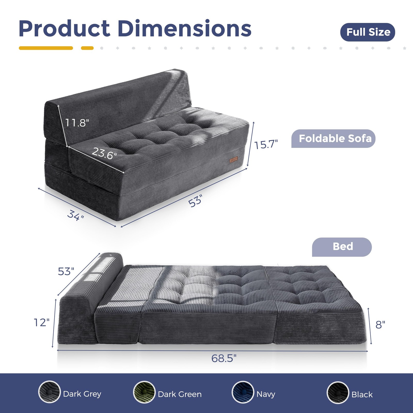 8" Folding Sofa Bed, Convertible Sleeper Sofa Lounger Foldable Mattress, Wedg...