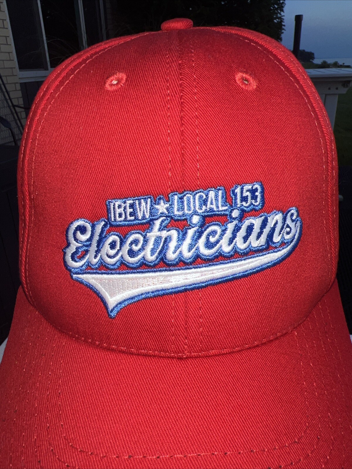 IBEW Local 153 Electricians Red Hat Cap Blue White Accents Hook Loop FlagTag EUC
