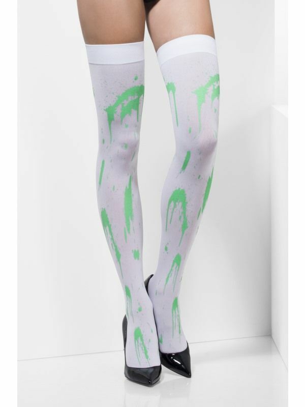 Opaque White Hold Ups Thigh High Stockings Green Paint Splatter Fancy Dress