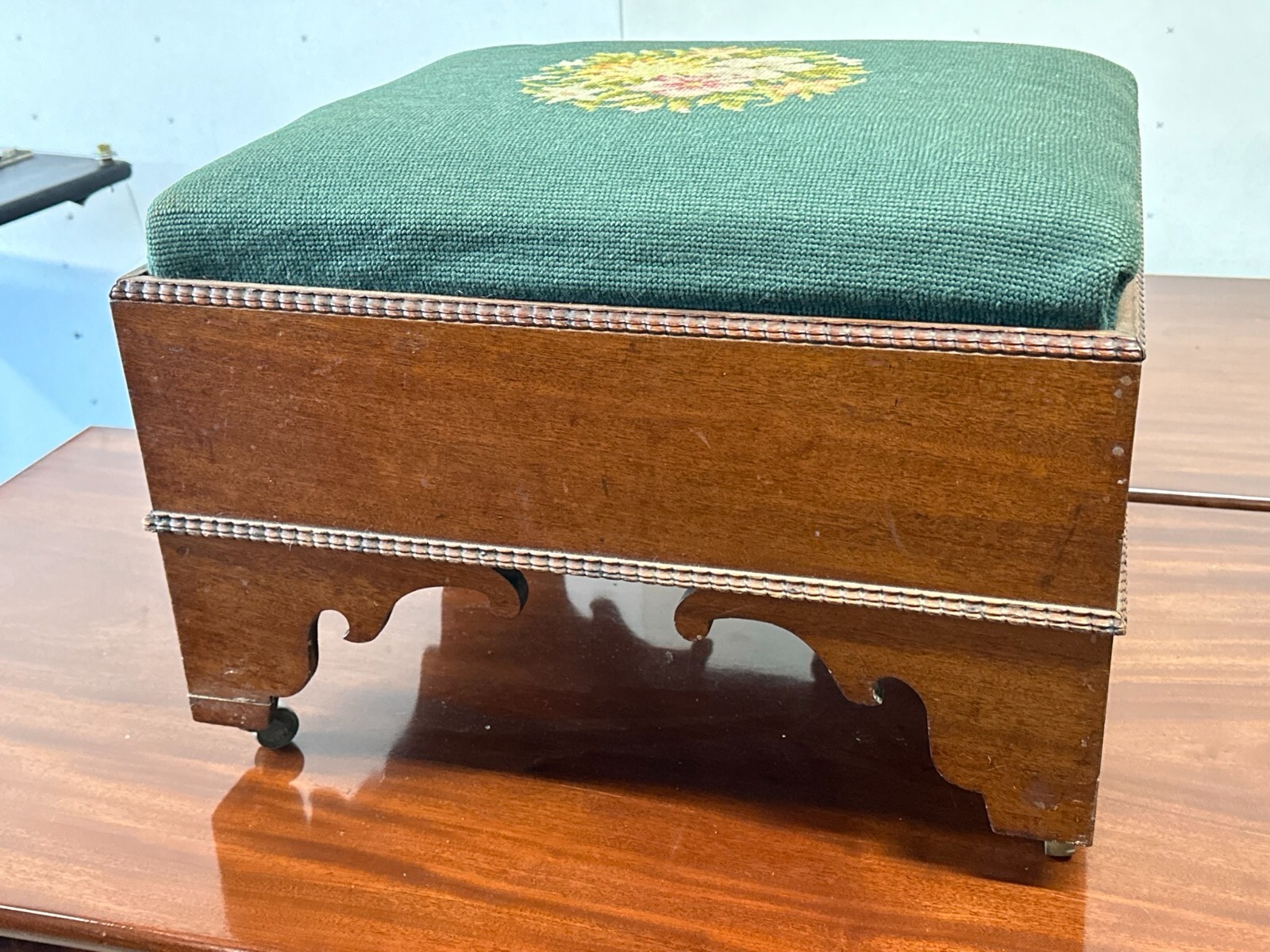 antique classical empire mahogany foot stool needlepoint 1840 bench