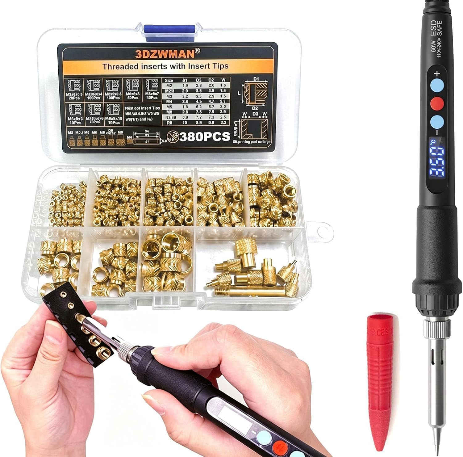Heat Set Insert Tools Kit with 60W Soldering Iron & 380 Pcs Threaded Insert | wi