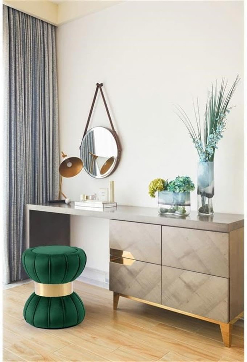 Modern Velvet Hourglass Ottoman with Gold Band - Green 15.5" x 17