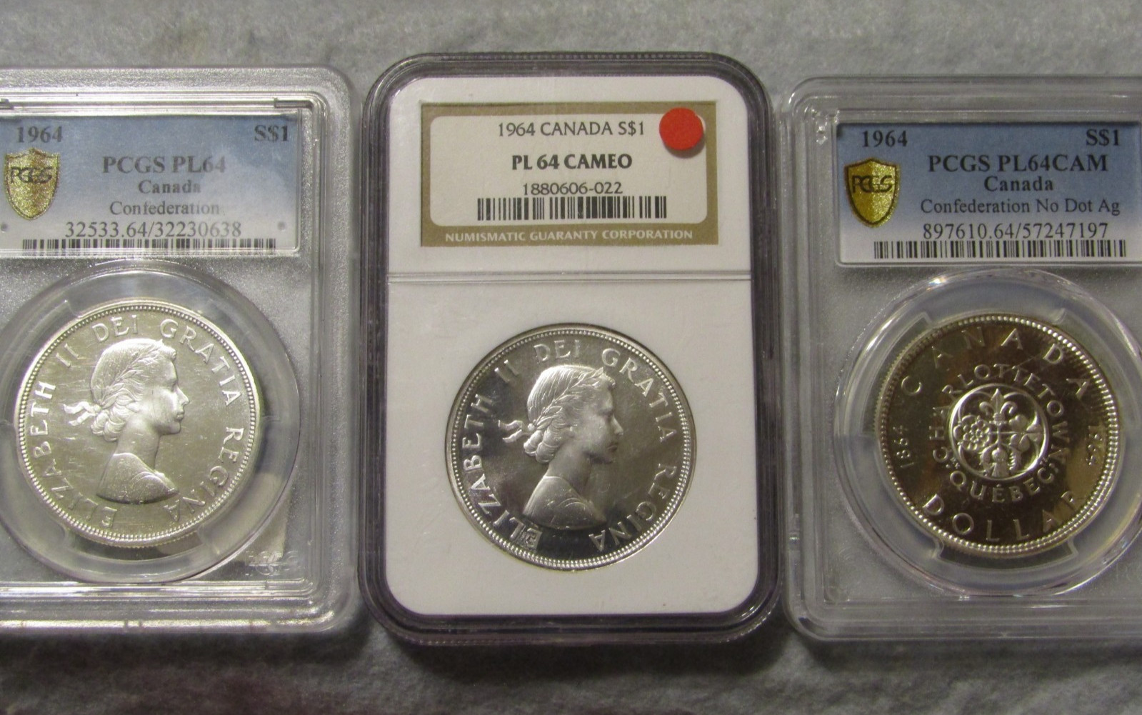 1964 CANADA SILVER DOLLARS..NGC & PCGS PL-64 .PL64 CAM..PL-64 CAM NO DOT.3 COINS