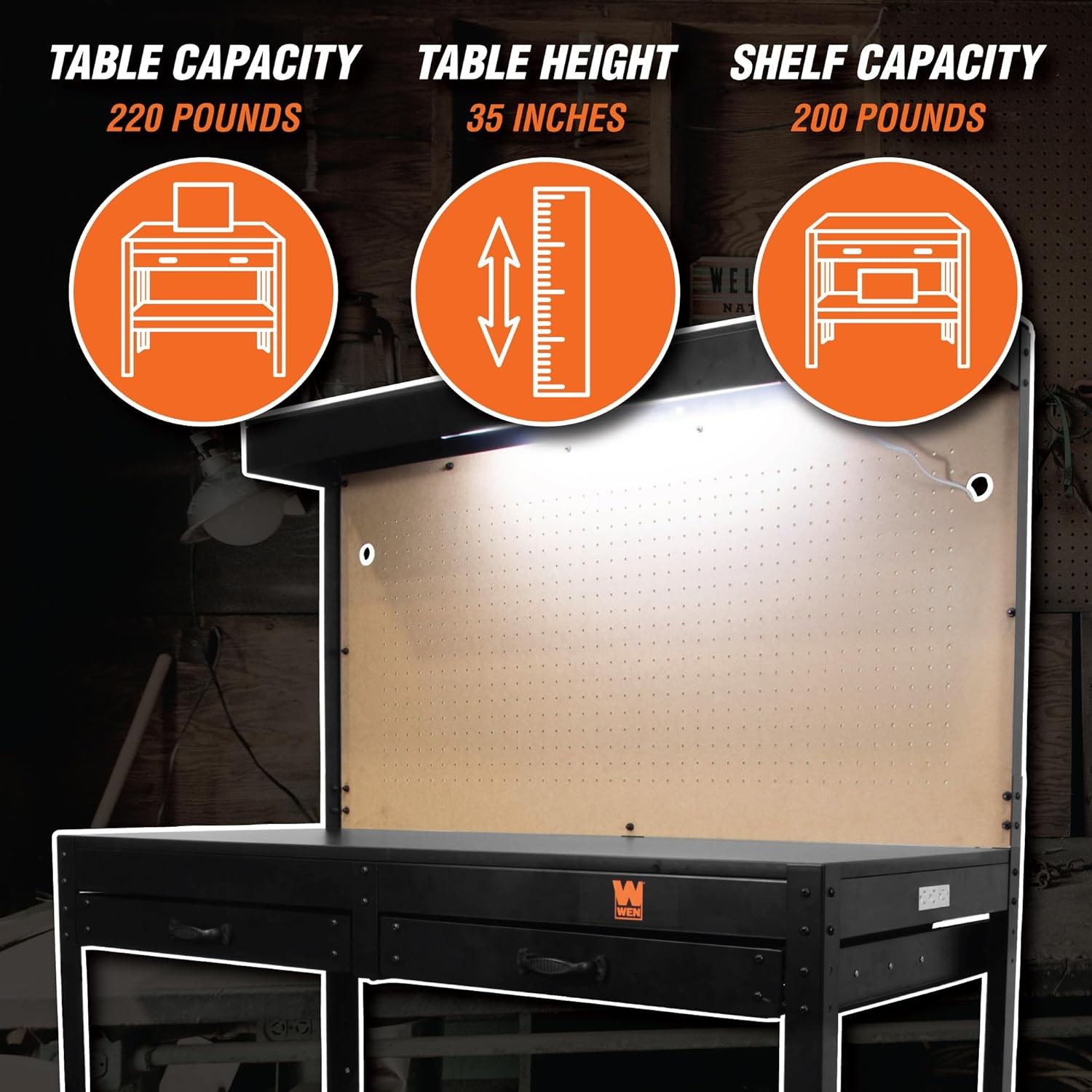 WEN WB4723T 48in Workbench with Power Outlets Light Black