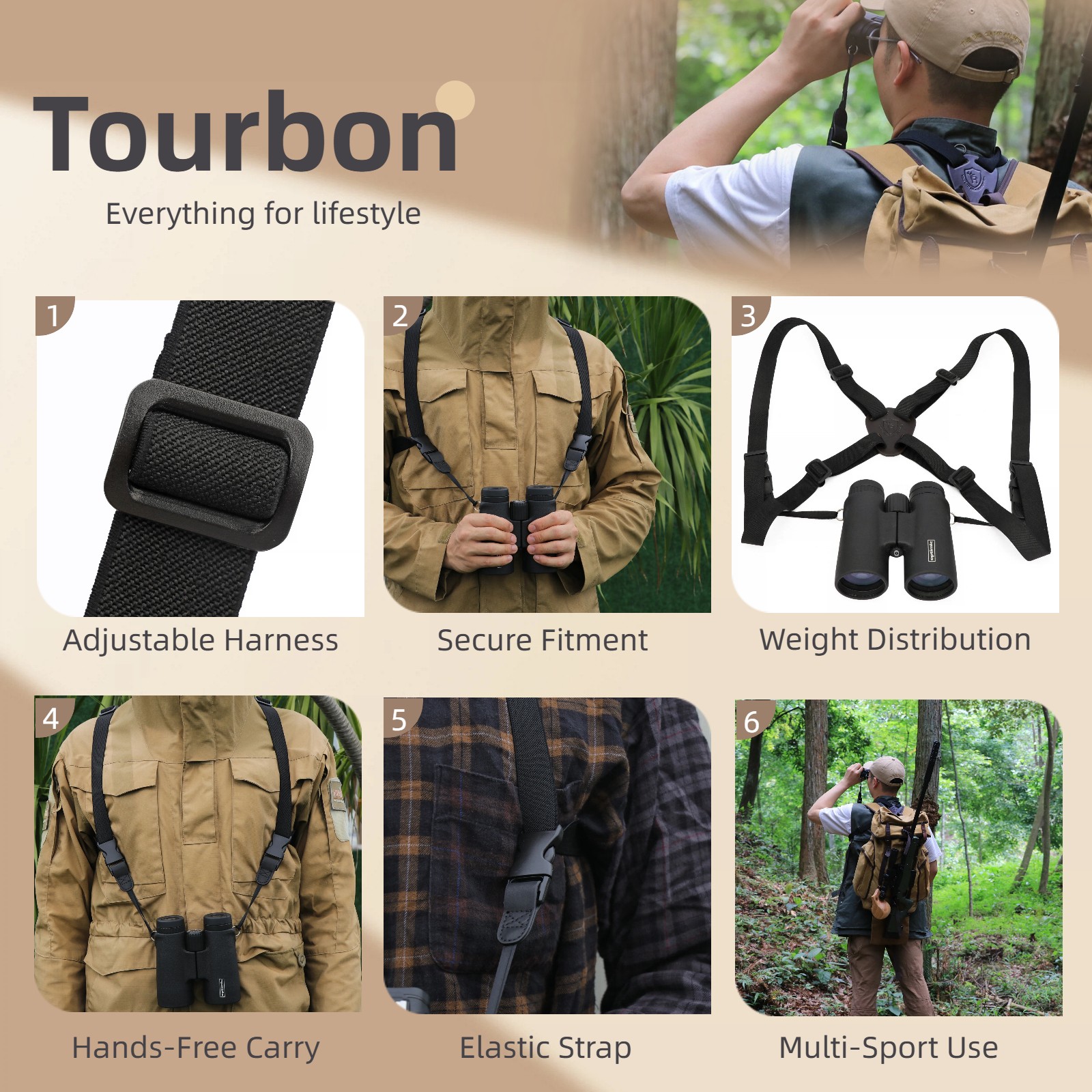 TOURBON Binocular Harness Camera Strap Quick Release Elastic Optic Chest Hunting
