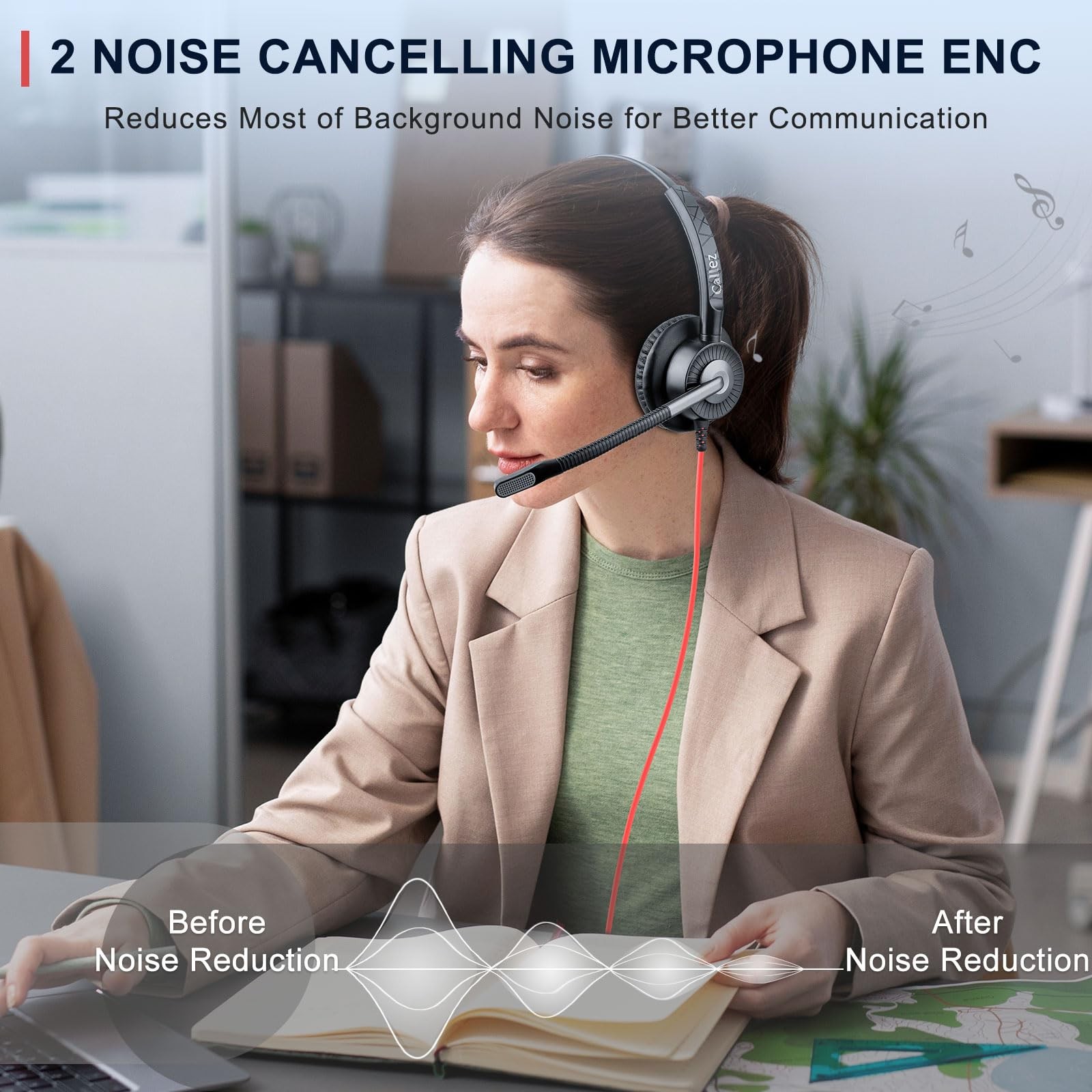 USB Headset with ENC Dual Noise Cancelling Microphone for PC Laptop
