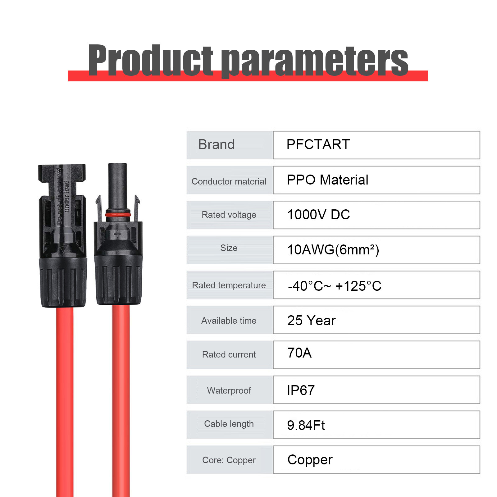 1 Pair Solar Panel Battery Extension Cables 10AWG Solar Panel Cables Black+Red