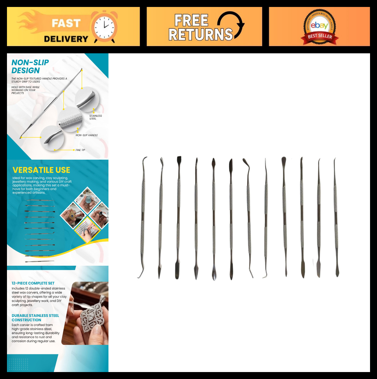 12-Piece Stainless Steel Wax Carver Tool Set - Double-Ended Sculpting Tools
