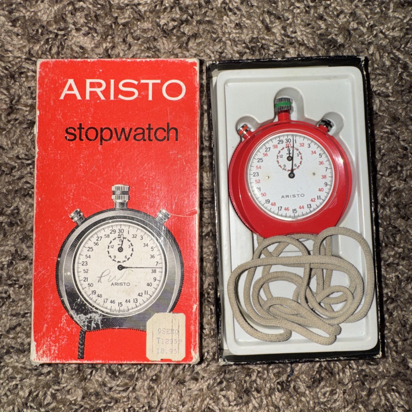 Aristo Apollo 414 Stop Watch Red Stopwatch w Box Cord Switzerland