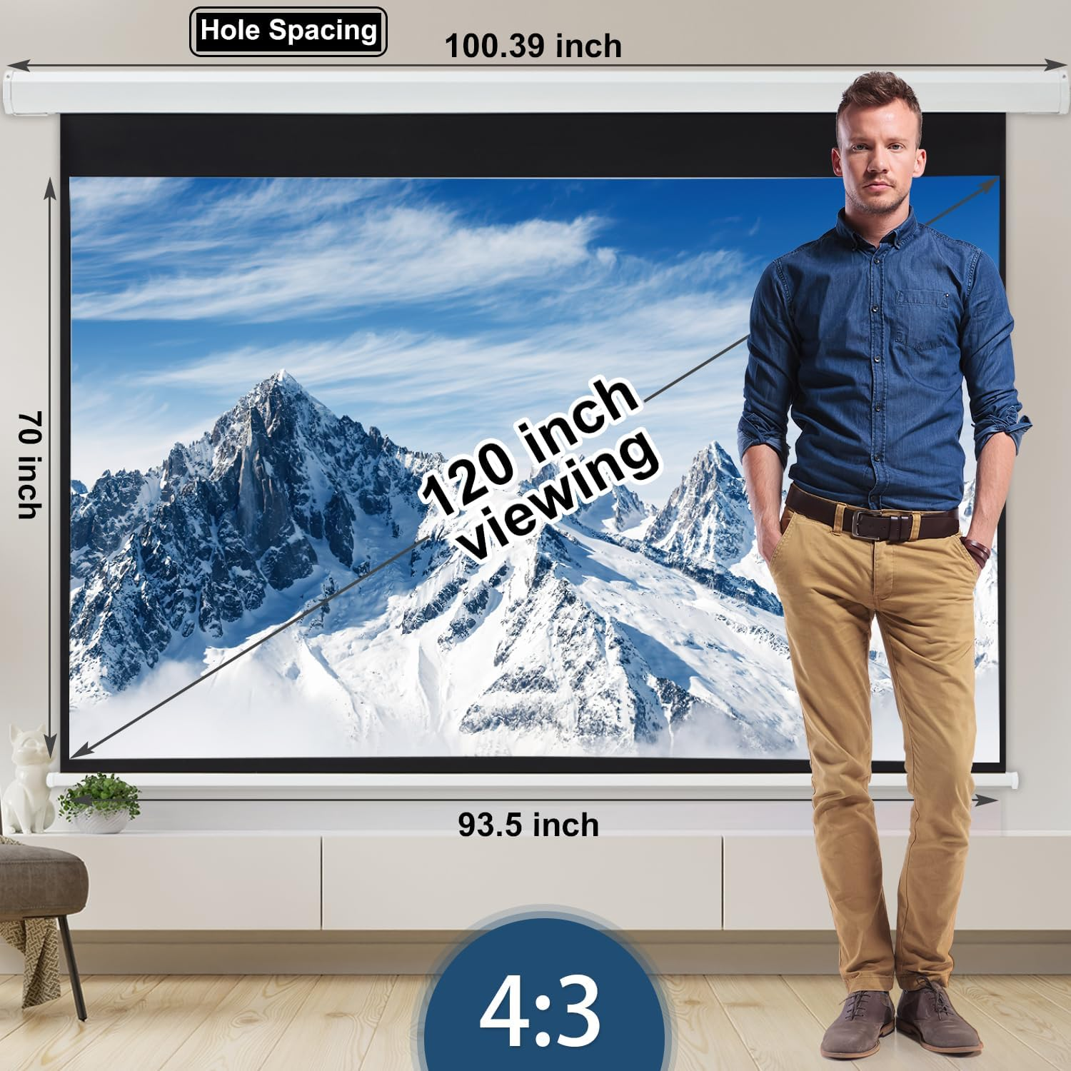 120 Inch Projector Screen Motorized,4:3 HD Retractable Electric Projector Screen