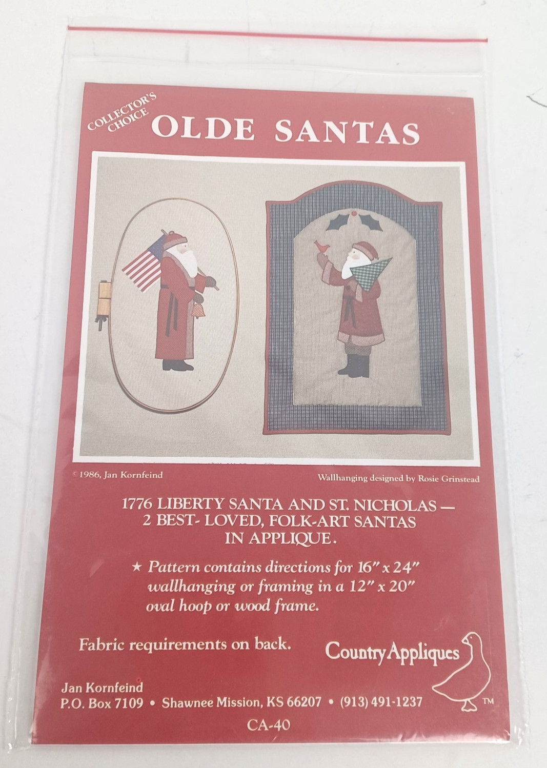 Vtg 1986 Country Appliques Olde Santas Pattern for a Wall Hanging Picture CA 40