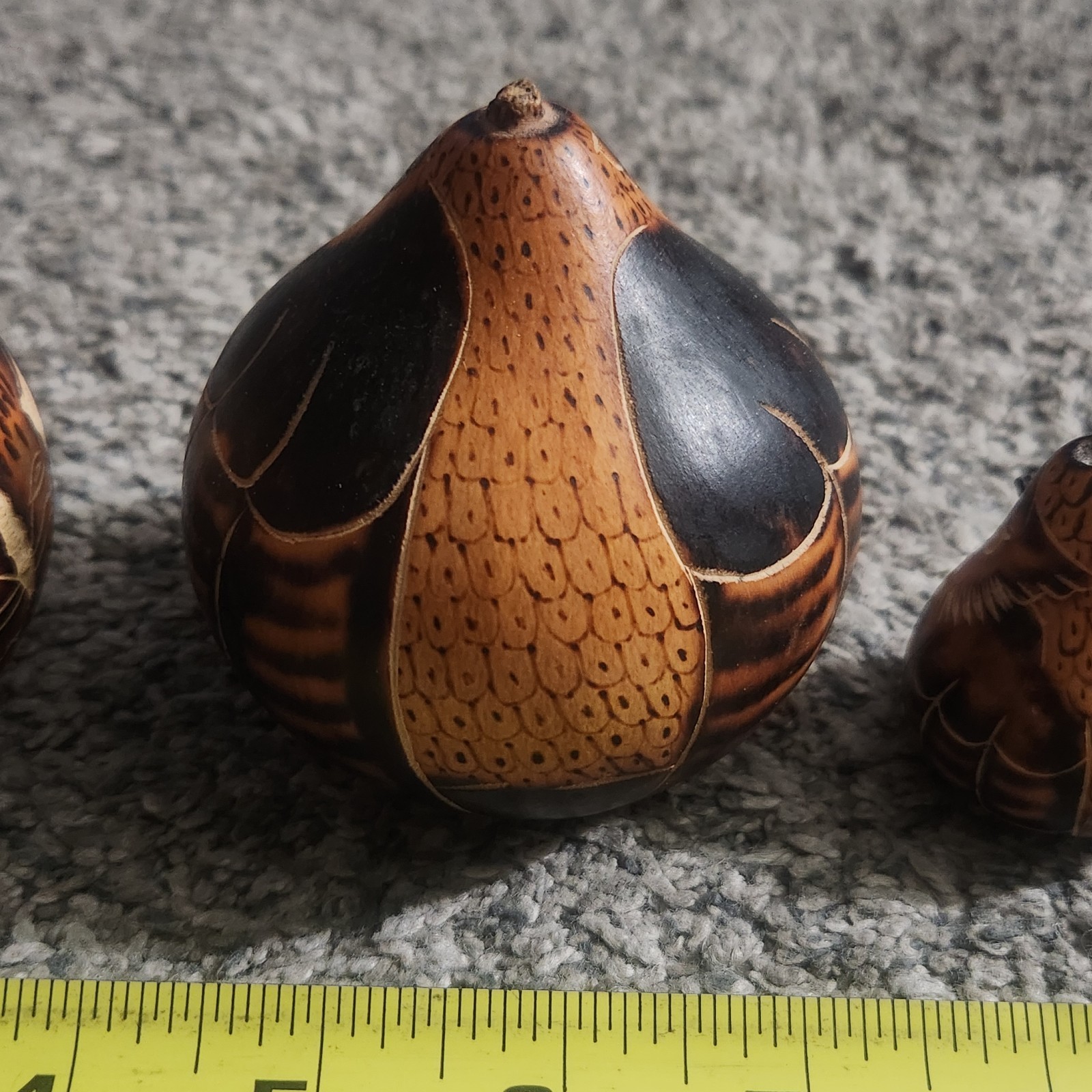 3 Peruvian Hand-Carved Gourds Owls Folk Art