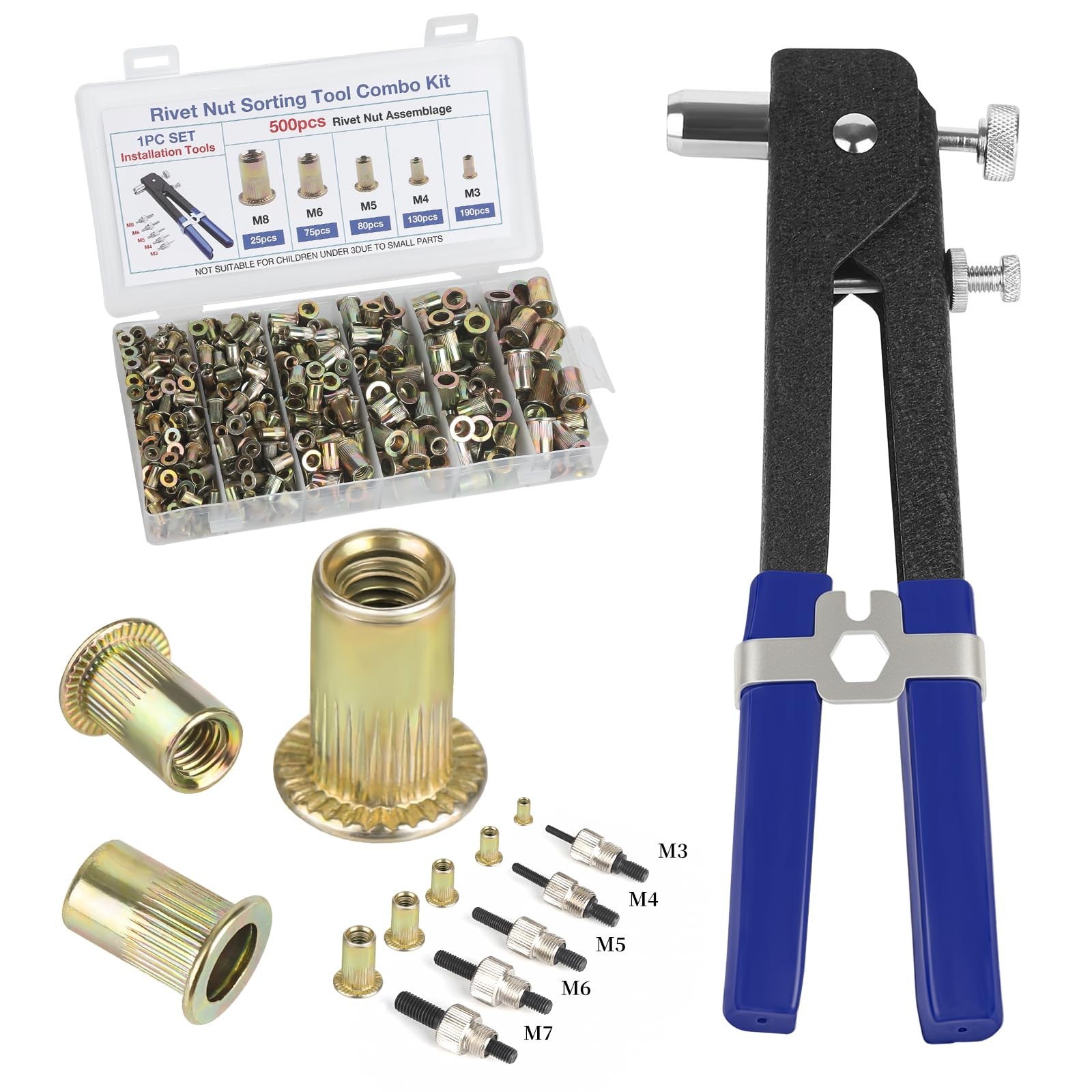 Rivet nut Tool kit,rivnut Tool,500Pcs Metric Rivet Nut Combination (M3/M4/M5/