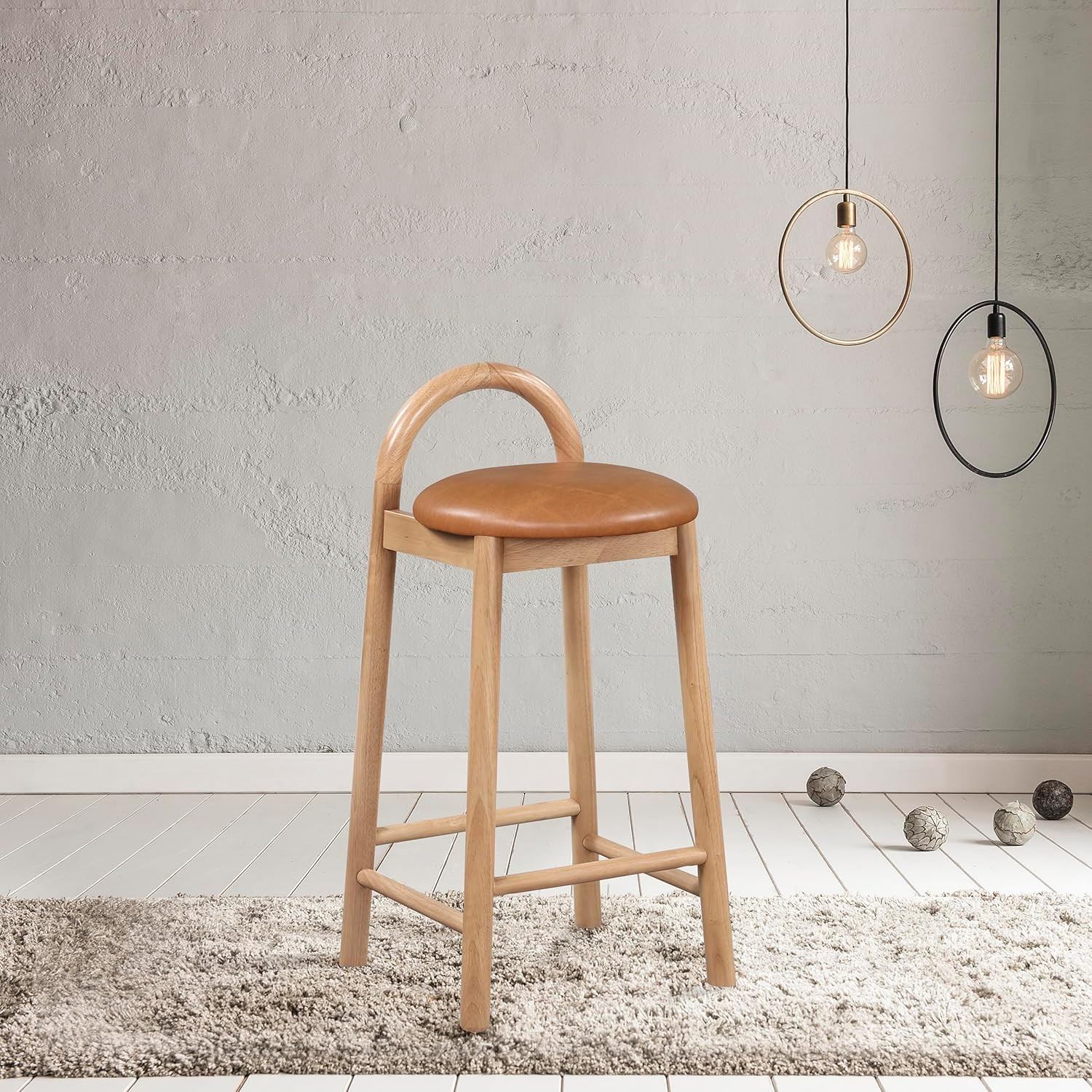 Cognac Vegan Leather Mid-Century Modern Stool with Solid Wood Frame