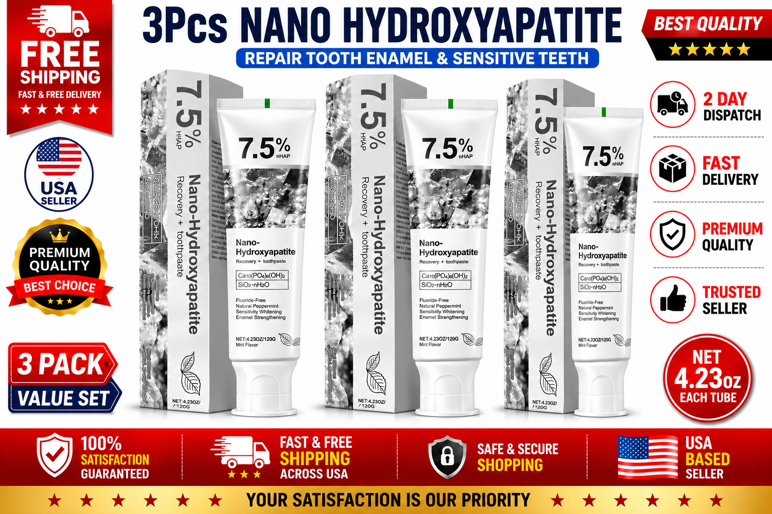 3pcs CEELIKE 7.5% Nano Hydroxyapatite Toothpaste-3 x 4.23 oz USA STOCK Fast Ship
