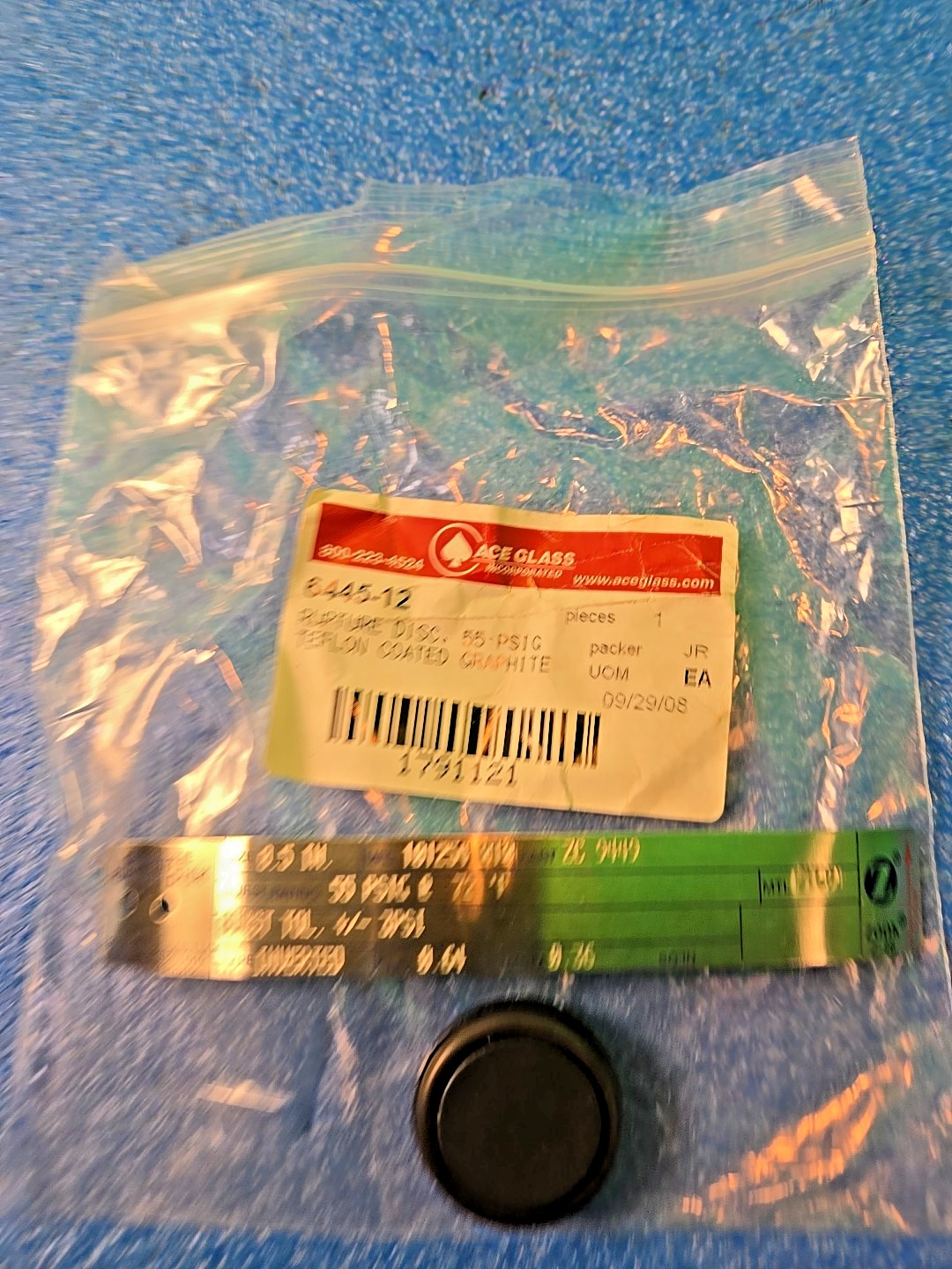 ACE GLASS 6445-12 Rupture DISK 55 PSIG TEFLON COATED TWO PC REACTOR 89054-486