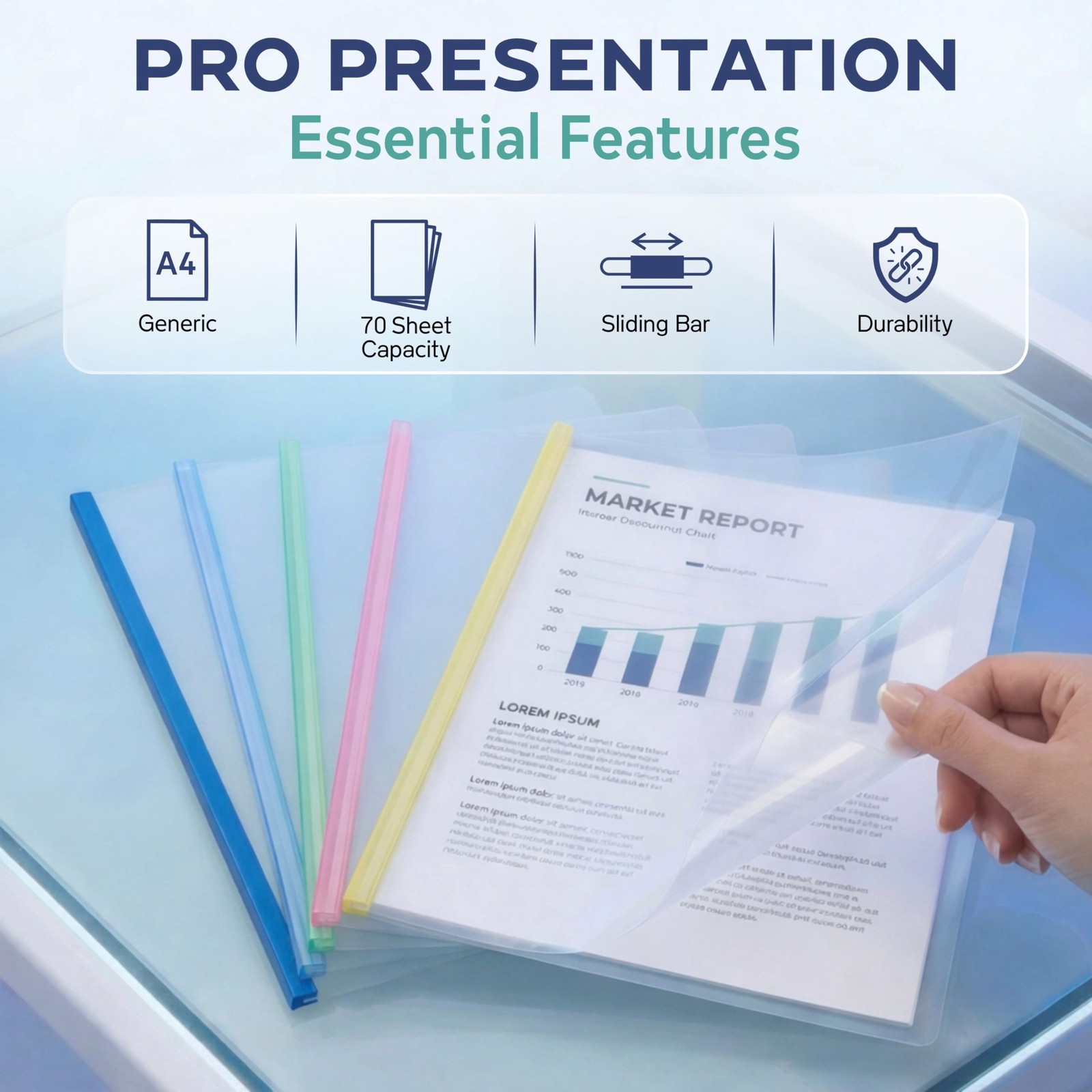 5 Pack Report Covers with Multi-Color Sliding Bar - Clear Plastic Presentatio...