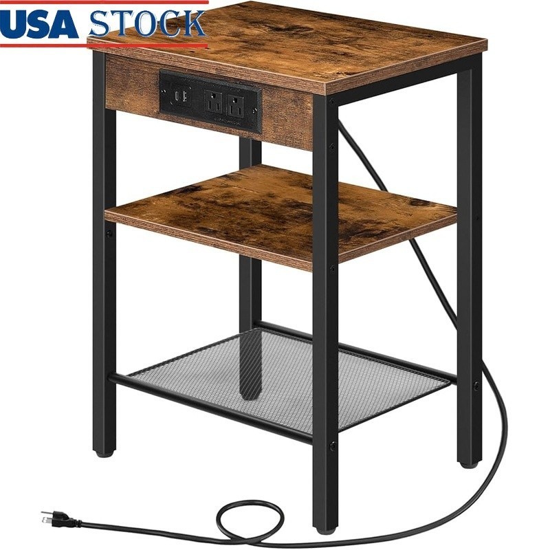 Multifunctional Side Table W/ Charging Station Adjustable Storage Shelves New