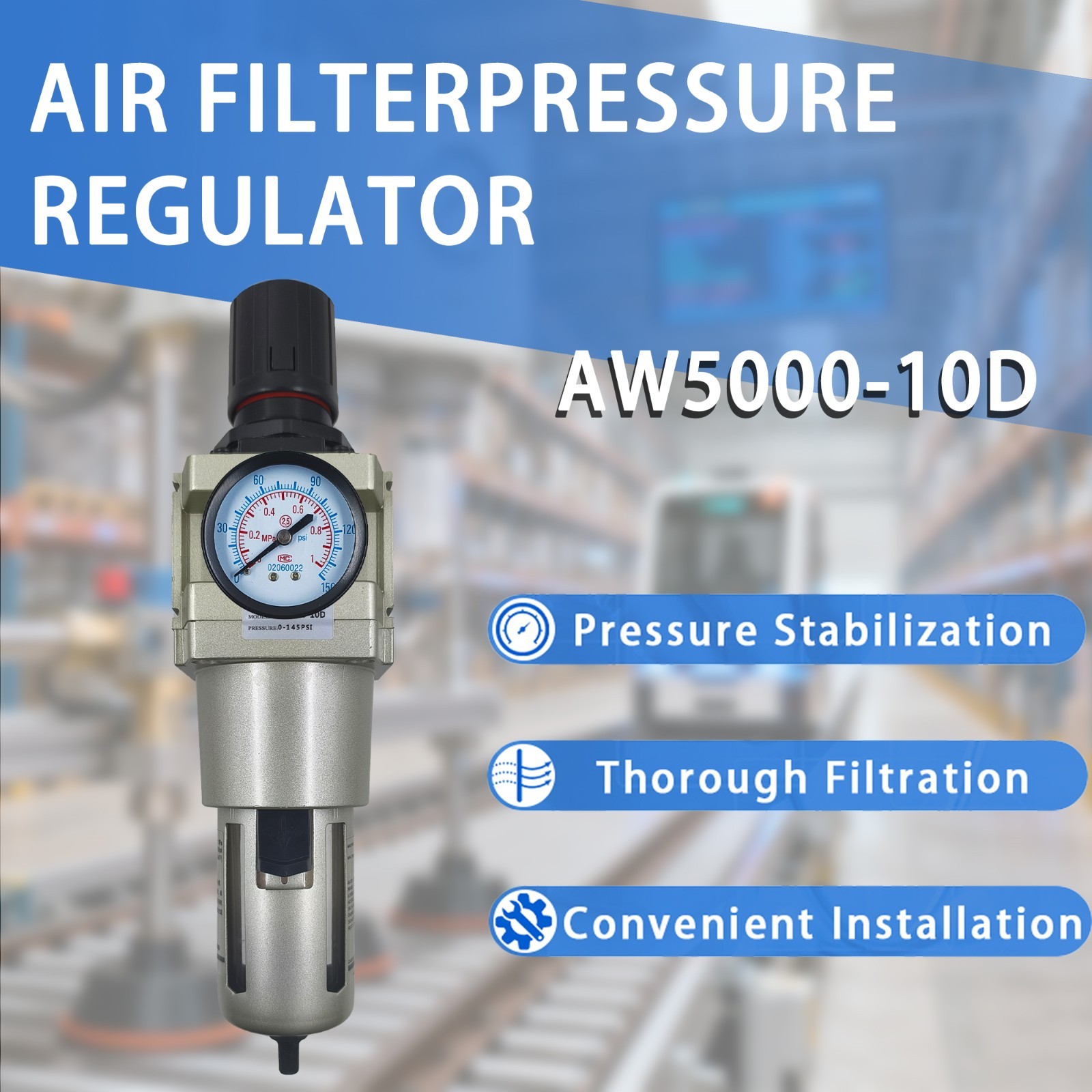 1”NPT Compressed Air Filter Regulator Piggyback Combo, auto Drain