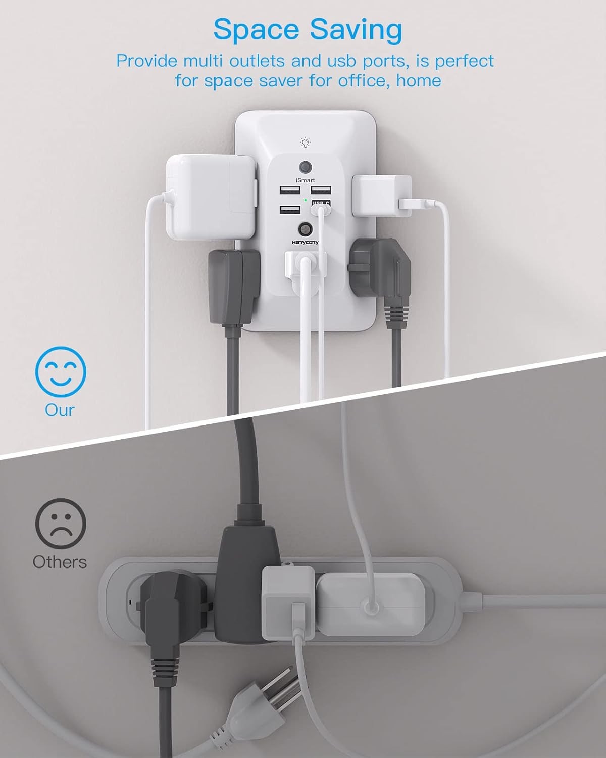 Outlet Extender with Night Light, HANYCONY Multi Plug Outlet, 1 USB C, White