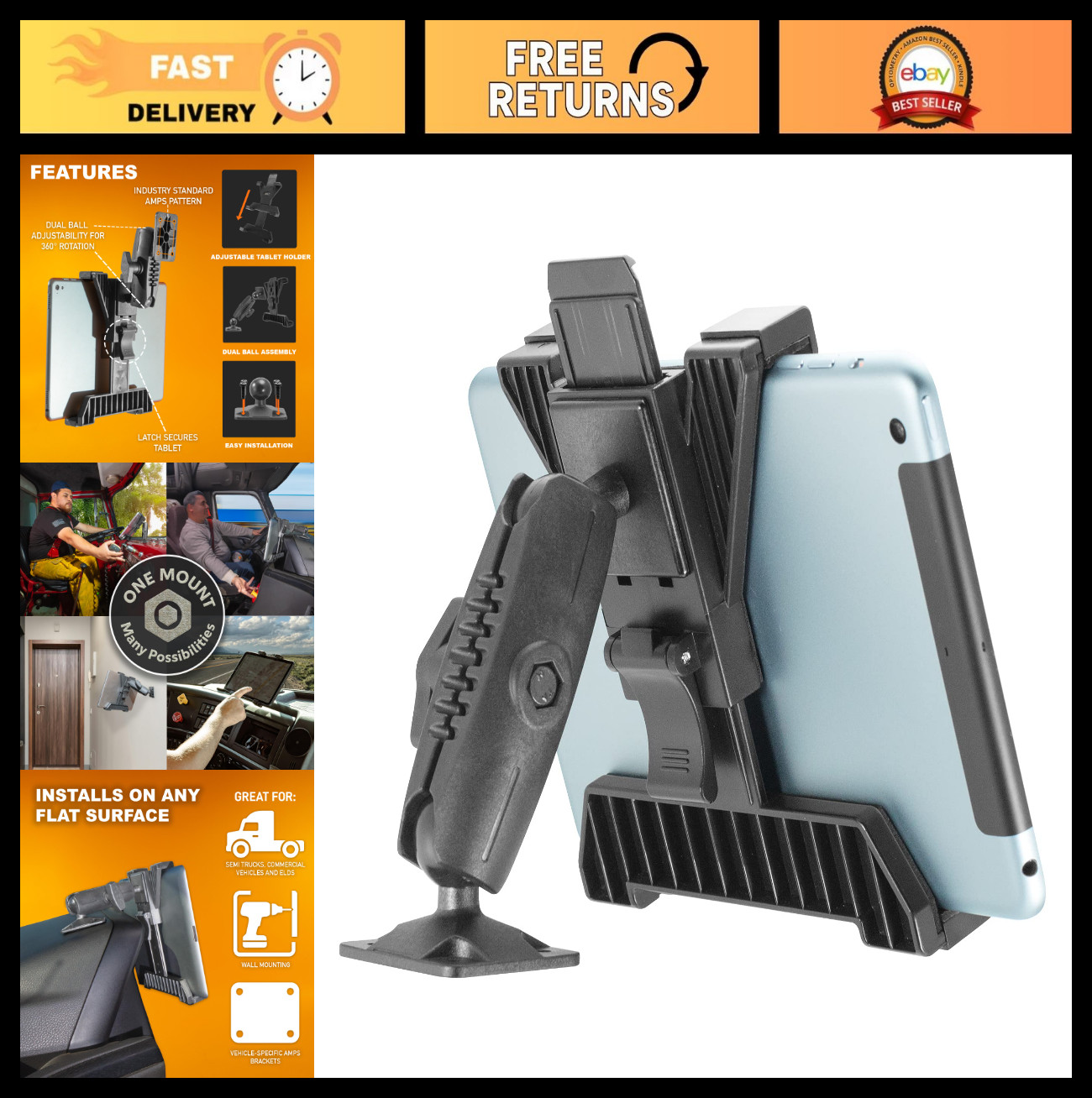 Heavy Duty Drill Base Tablet Holder/Mount for 7"-11" Tablets - Ideal for Trucks