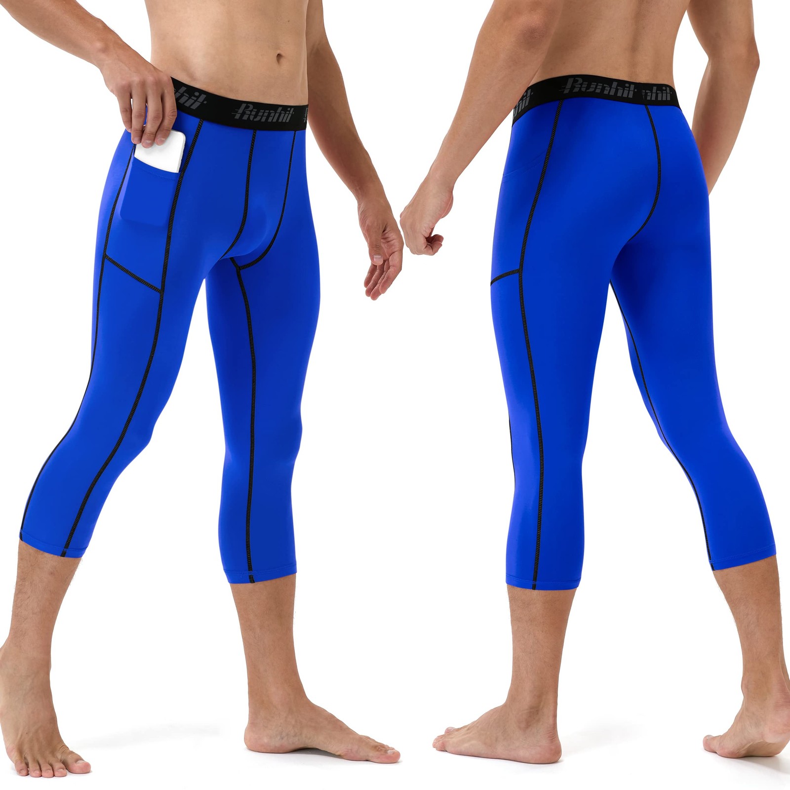 Runhit 3/4 Compression Pants Men Large, 2 Pack Pocket :Black & Blue
