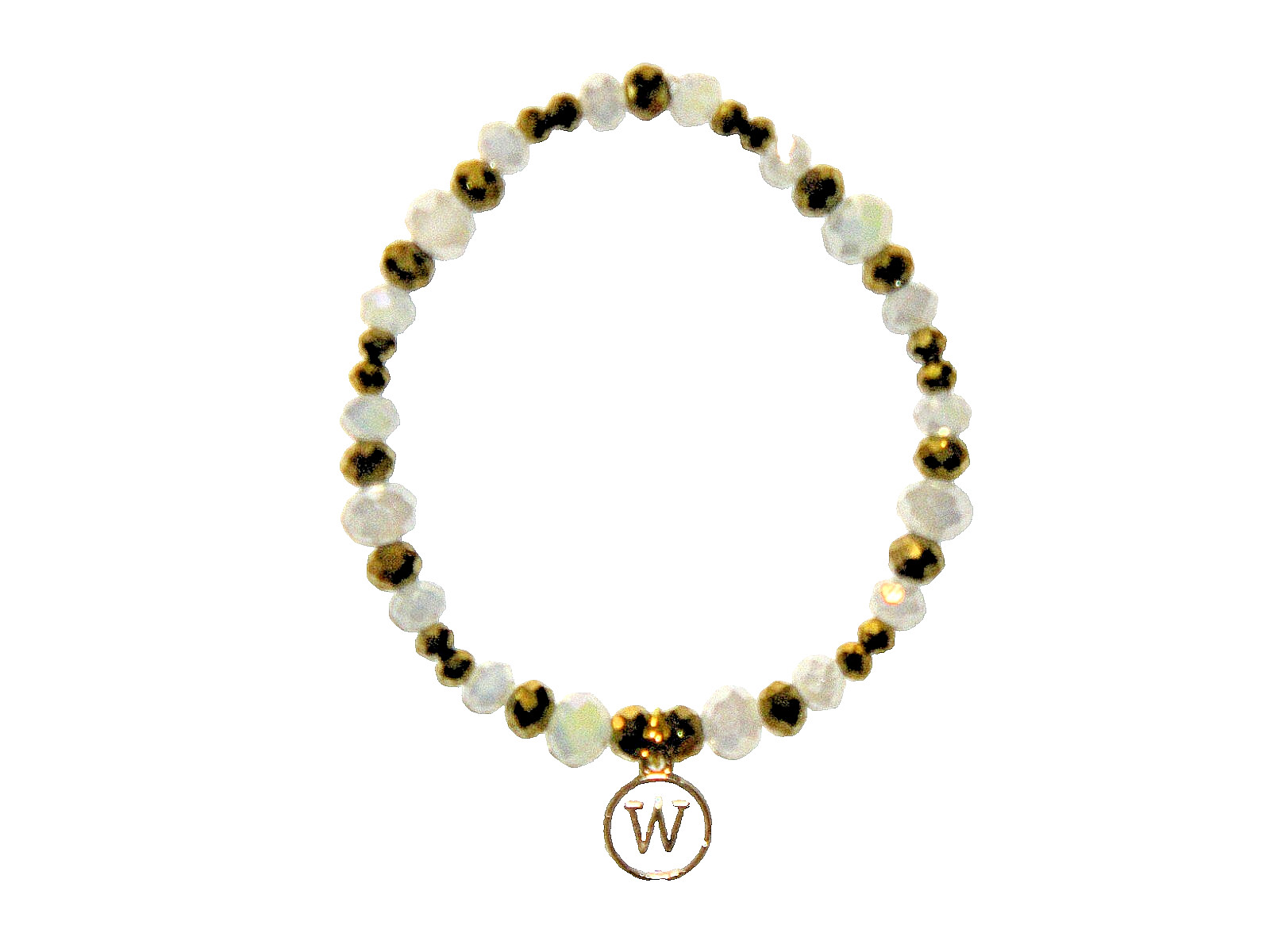 INITIAL "W" CHARM (WHITE) BEADED BRACELET (8"):  HAND-MADE JEWELRY BY T.L.C.