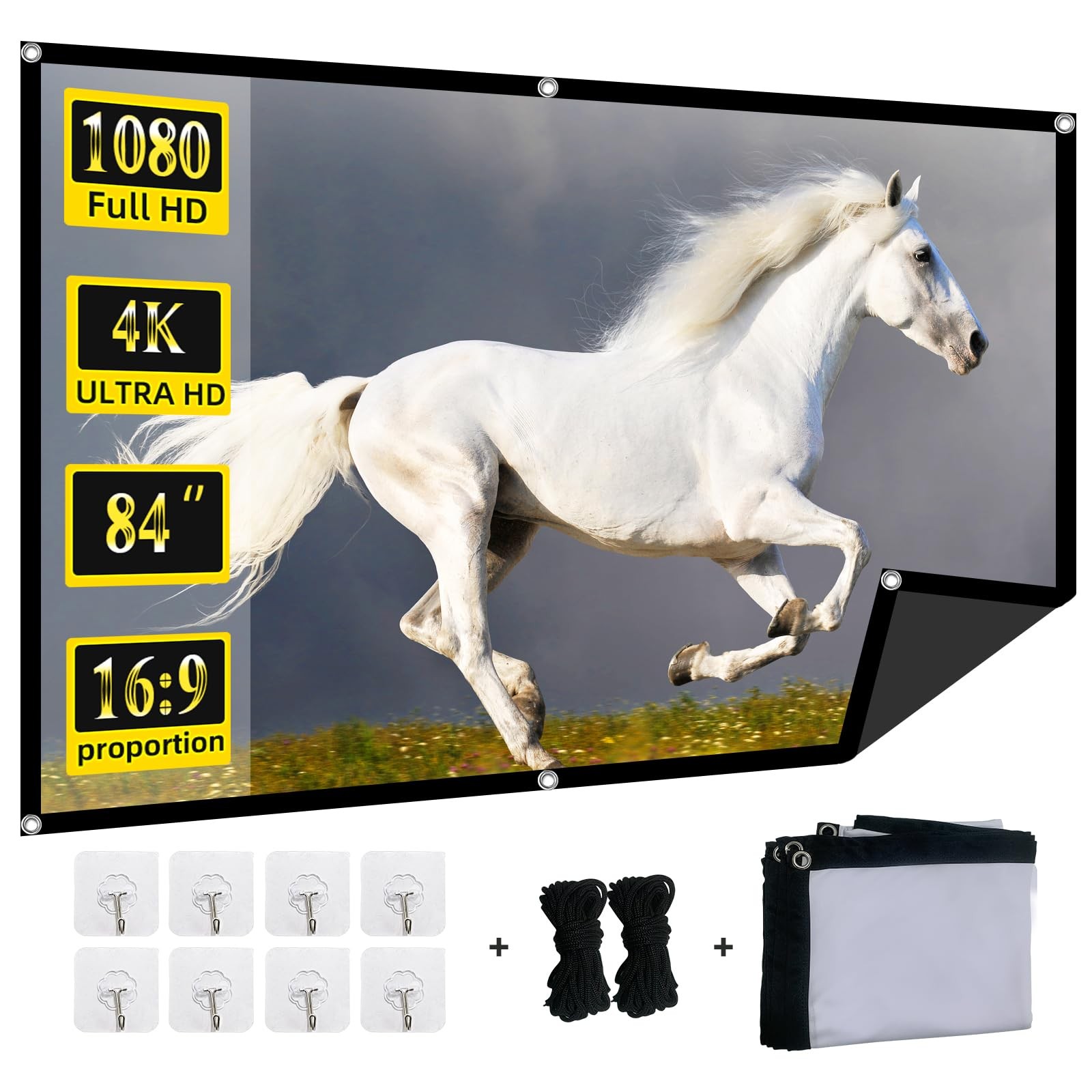 Foldable 84-inch Projector Screen,4k 16:9 Anti-Crease Portable Washable Proje...