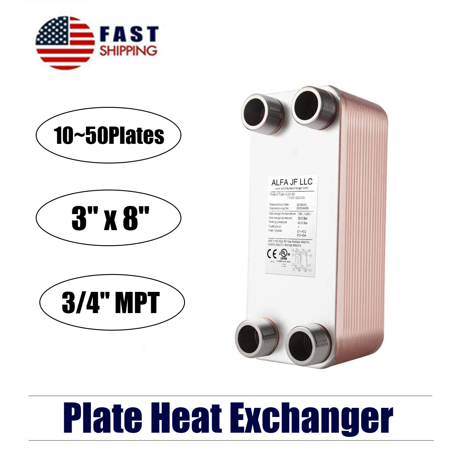 3"x8" Plate Heat Exchanger SS316L Domestic Boiler Hot Water Heat Exchanger