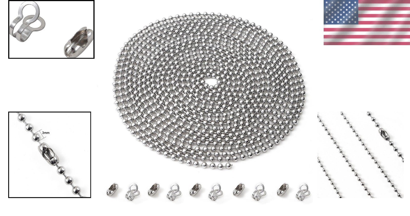 Lightweight 120 Inch Ceiling Fan Pull Chain - Beaded Stainless Steel Design