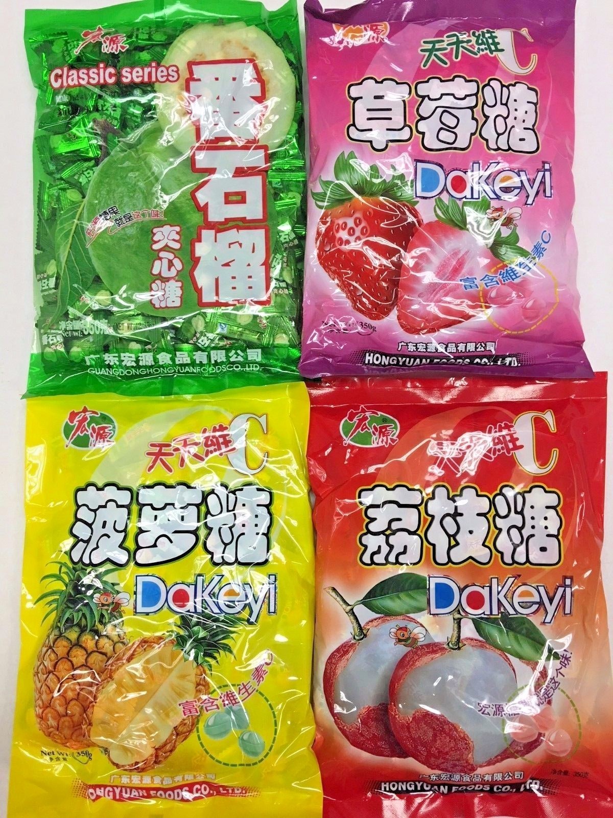 4 Bags, Hong Yuan, Pineapple, Strawberry, Lychee, Guava, Hard Candy, 12.35 oz