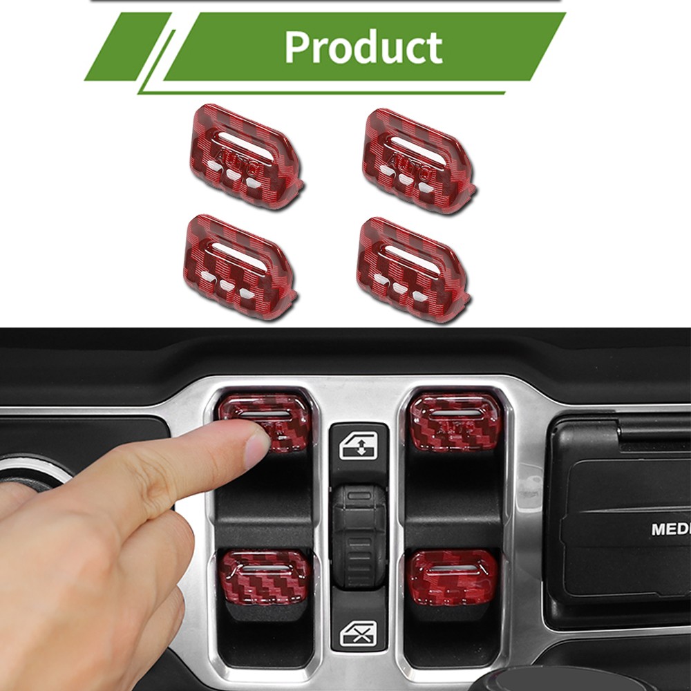 4pcs Red Carbon Window Switch Button Cover Trim For Jeep Wrangler JL JT 2018+