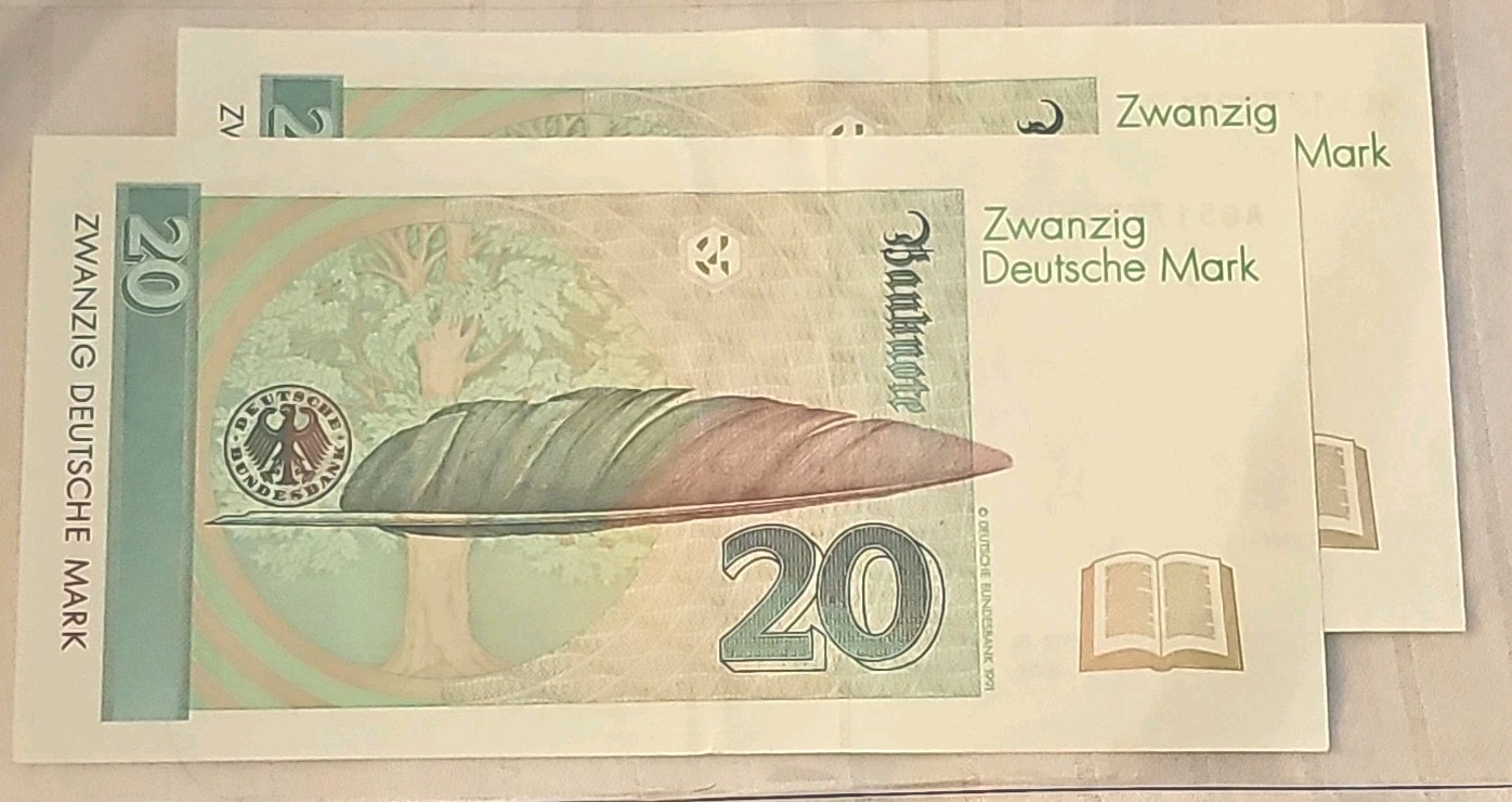 2 Consecutive Notes: Germany 20 Mark, 1991, P 39a, XF/aU