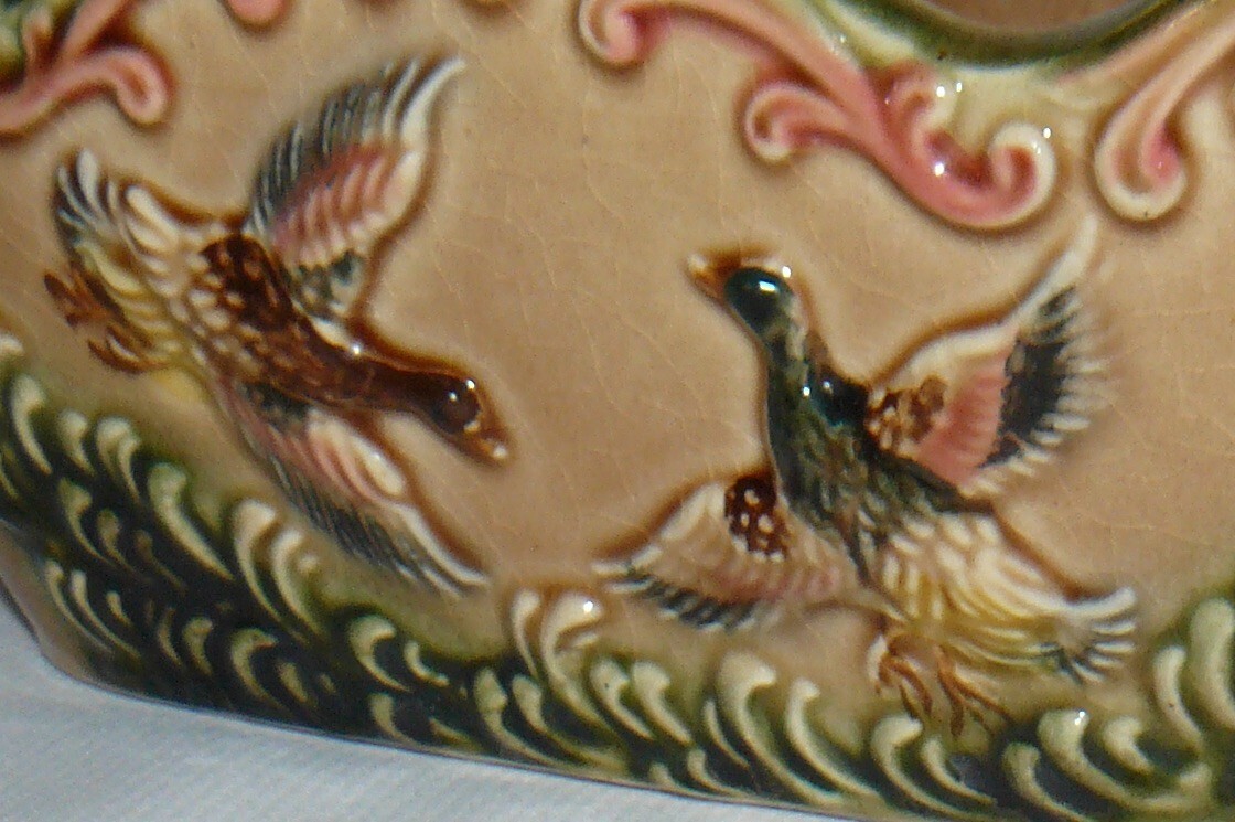 Vintage Square Oval Ruffle 9" Long Planter Crackle Ceramic Ducks In Flight