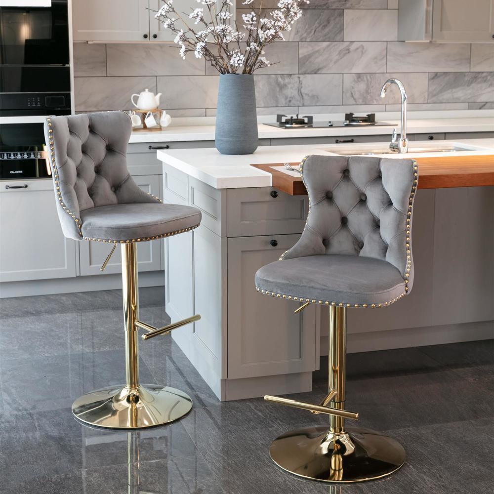 New Practical Modern Set of 2 Velvet Barstools Adjusatble Height from 25-33 Inch