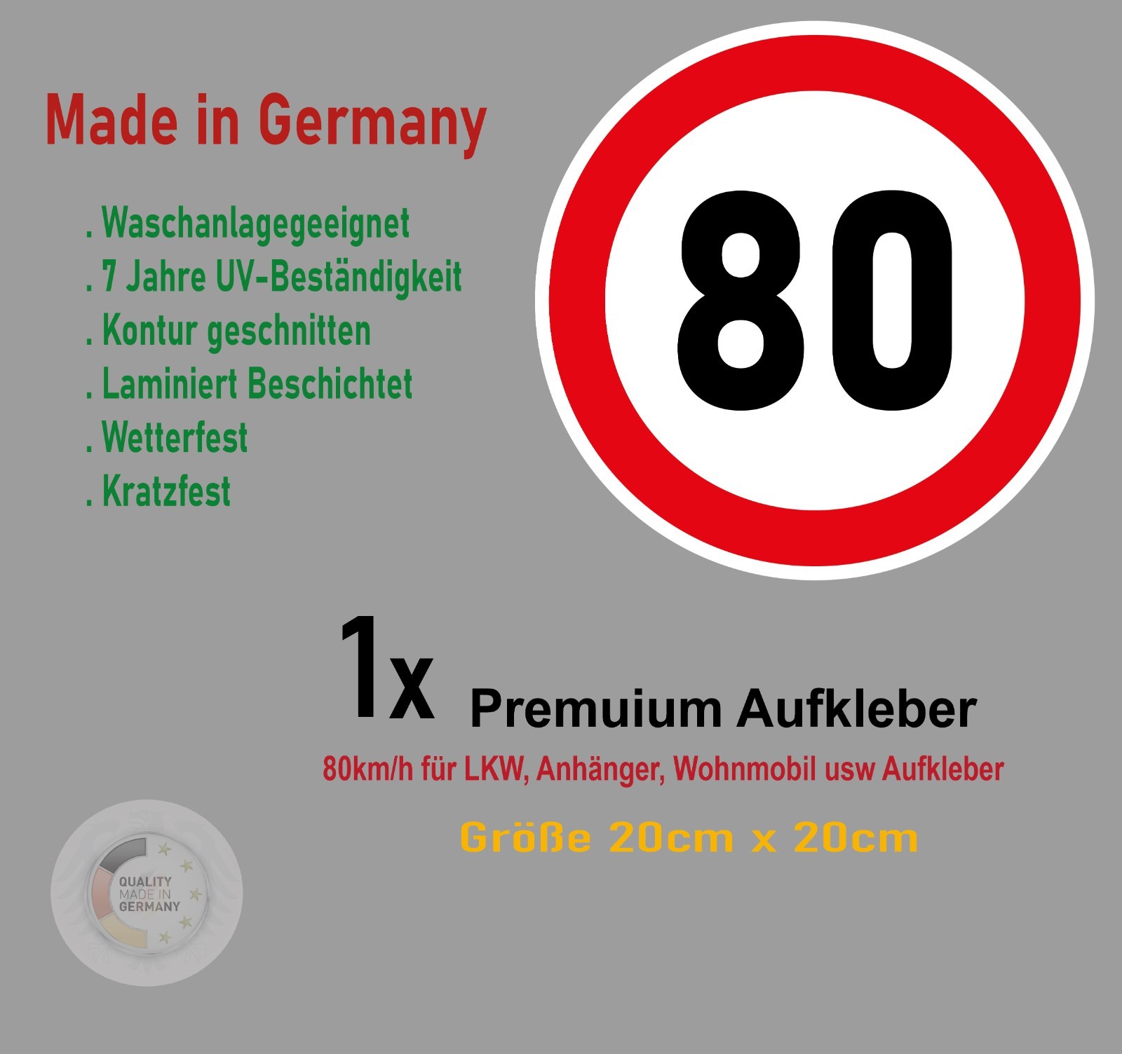 Sticker 80 KM/H for Car Passenger Car Trailer Camper Truck Motorhome ∅20cm Weatherproof
