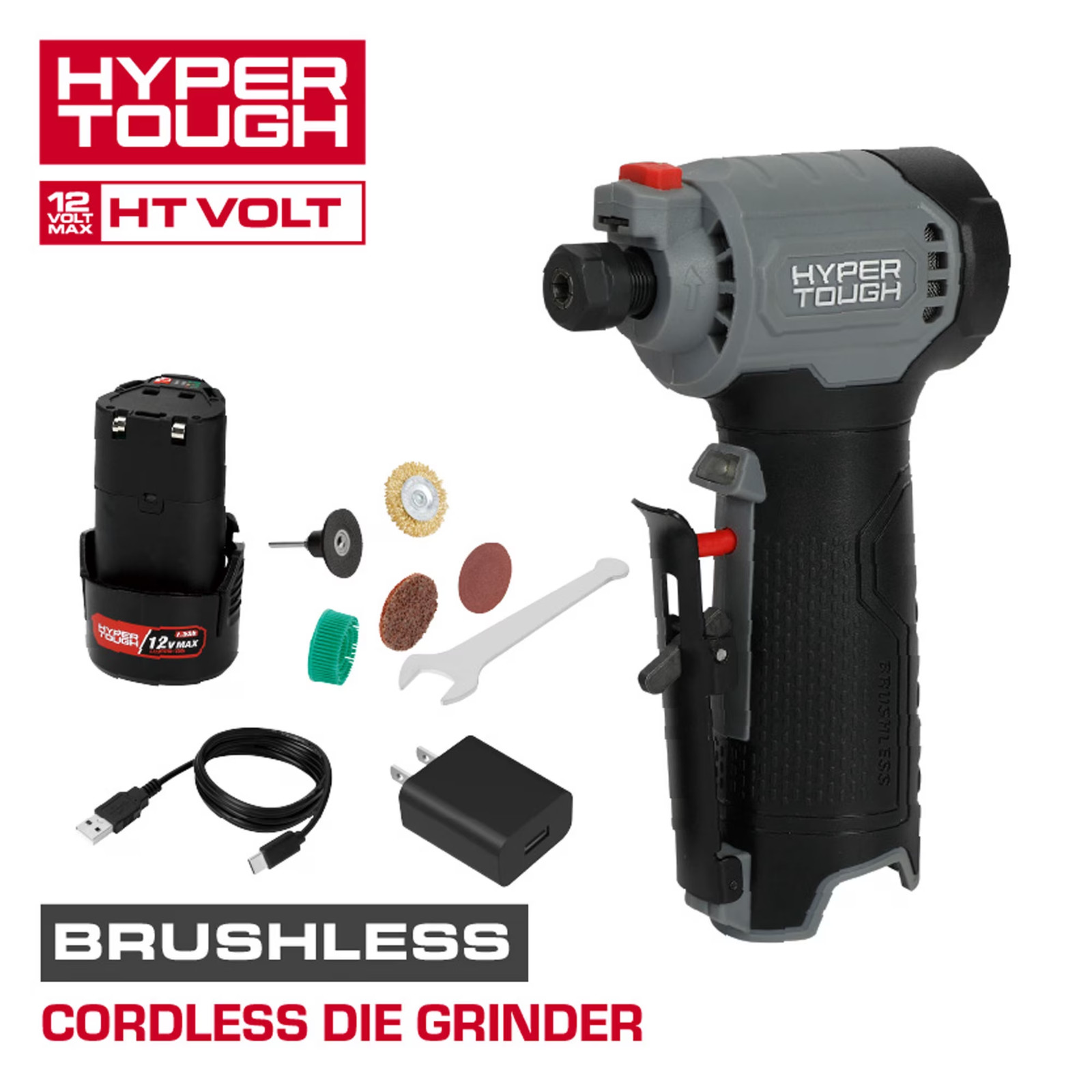 Hyper Tough 12V Cordless Brushless Die Grinder Kit 1.5Ah Battery